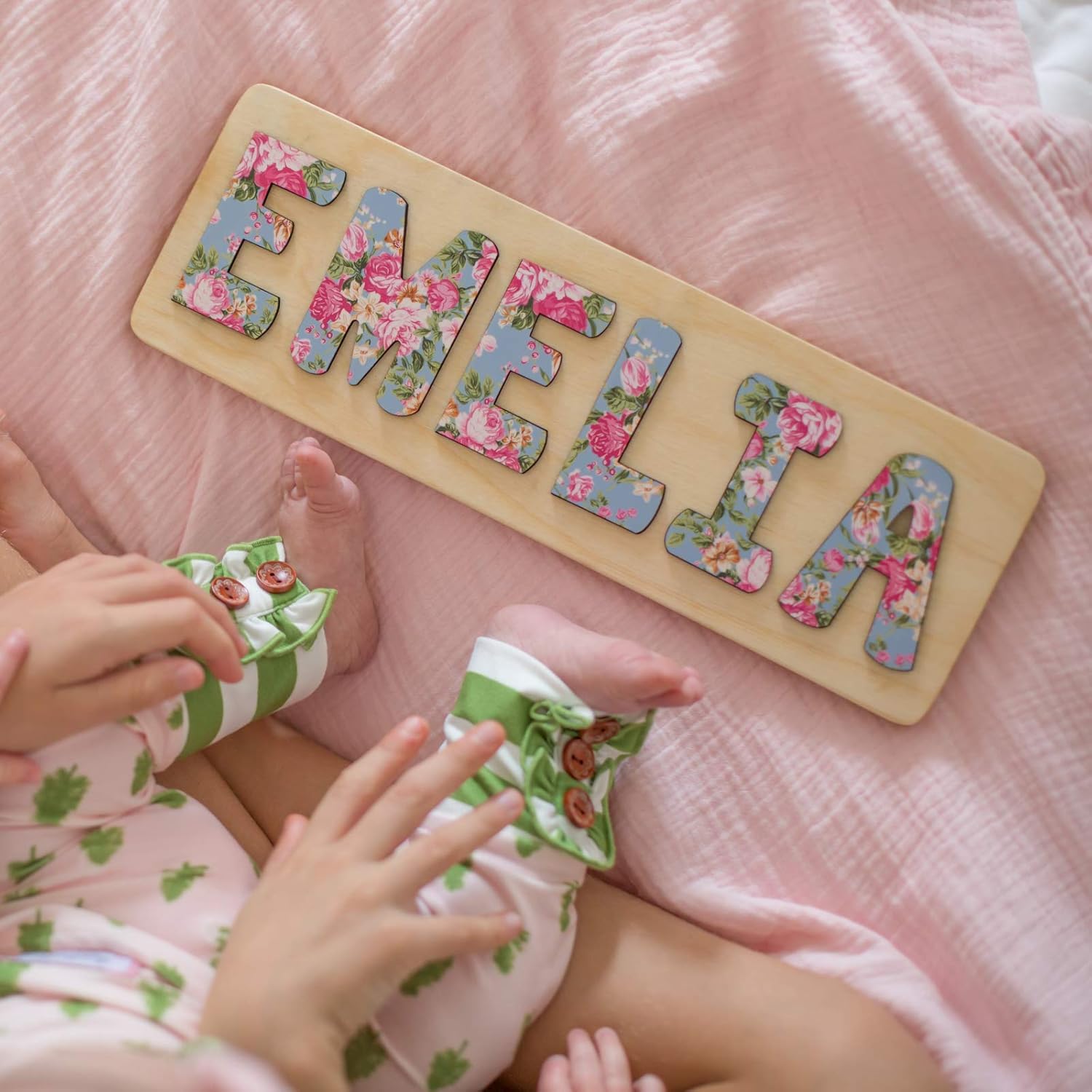 Personalized Wooden Name Puzzle for Kids - Floral Grey