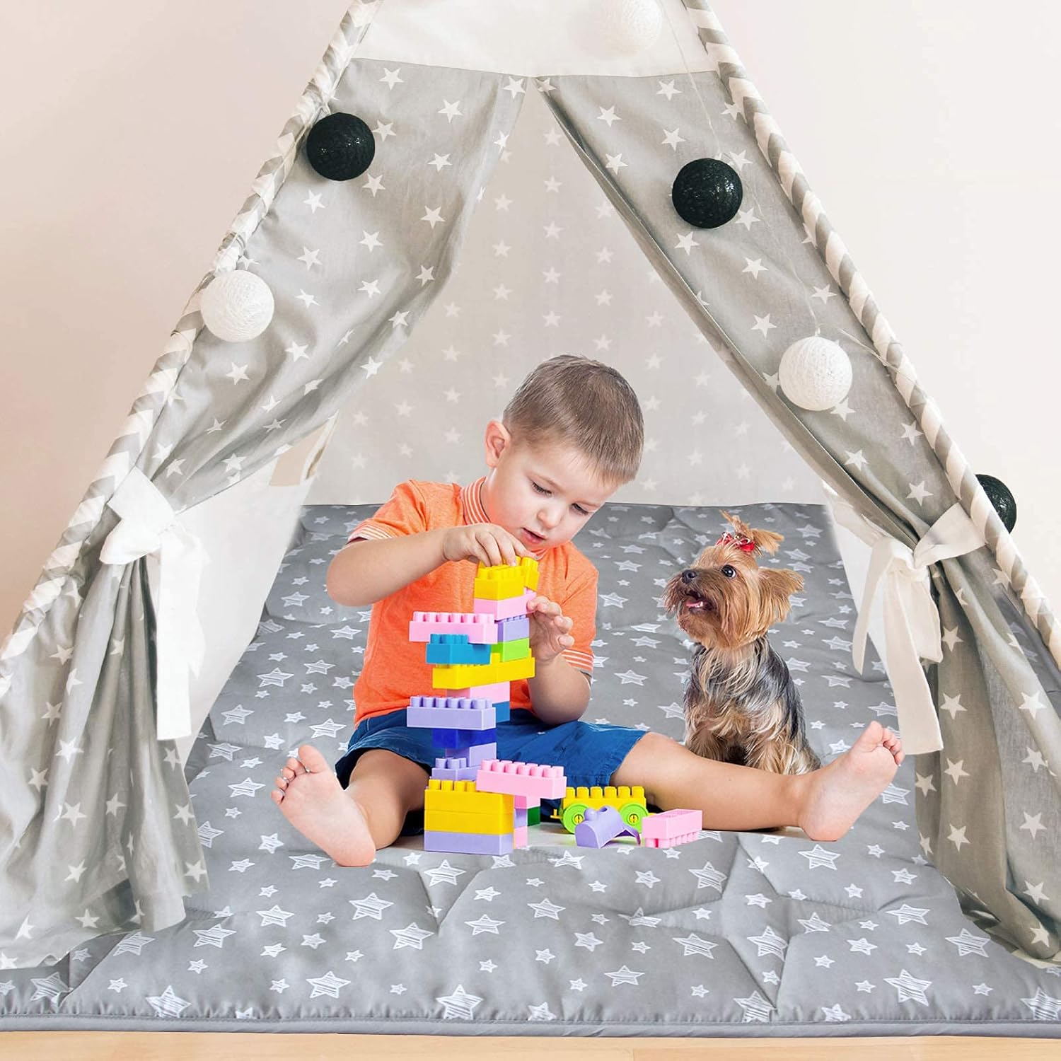 Moonsea Teepee Play Tent Mat 43x43 Quilted Square Pad with Non-Slip Backing