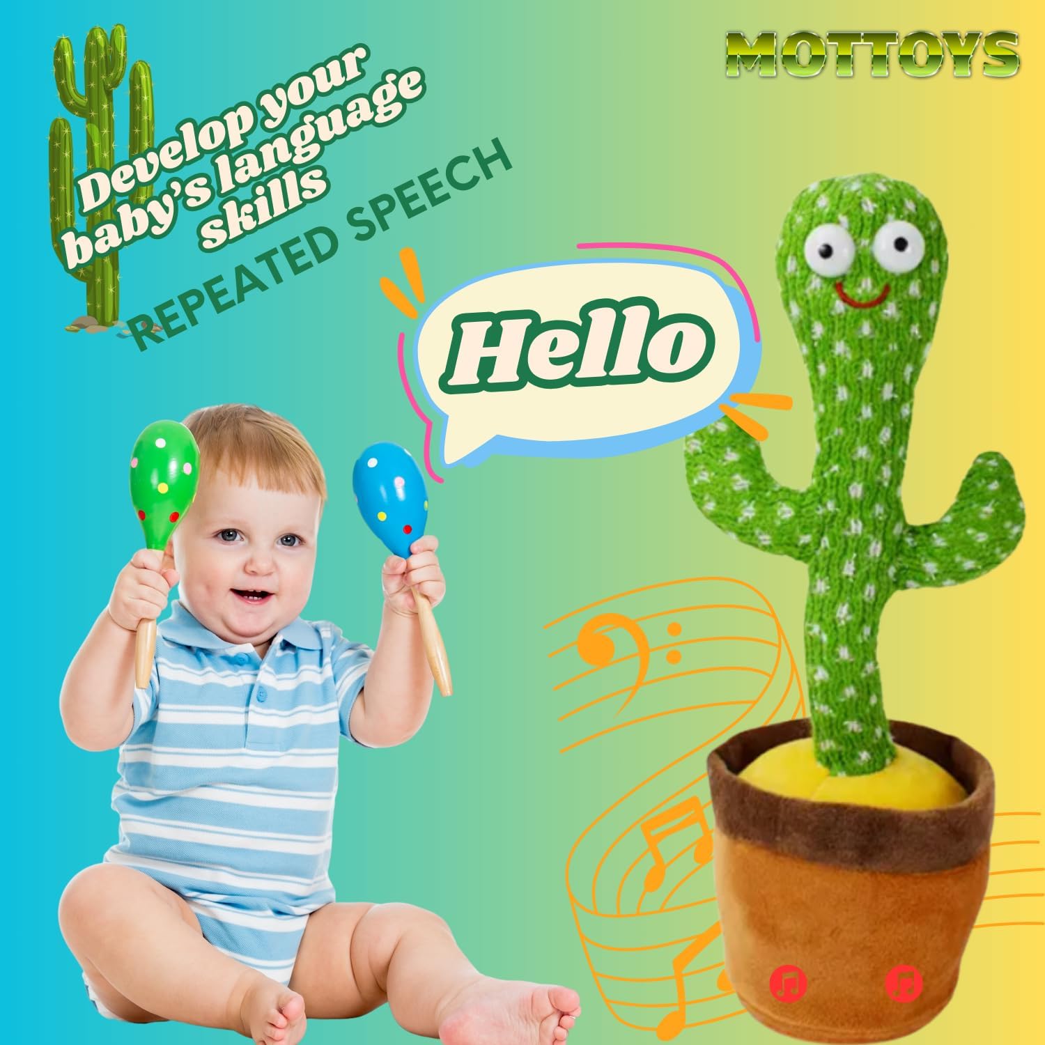 MOTTOYS Dancing Talking Cactus - 12 Inch Interactive Plush Toy