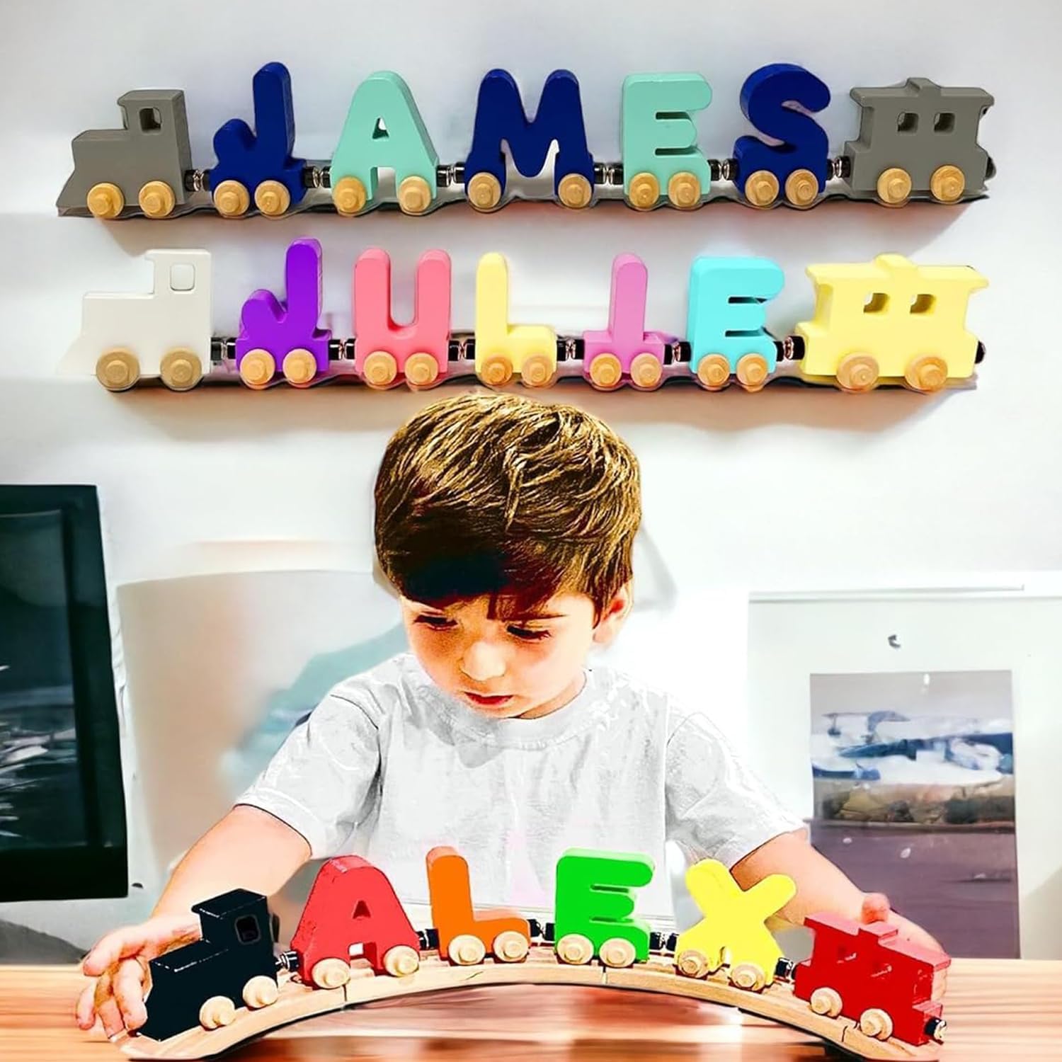 Large Handmade Wooden Name Trains Alphabet Puzzle for Kids