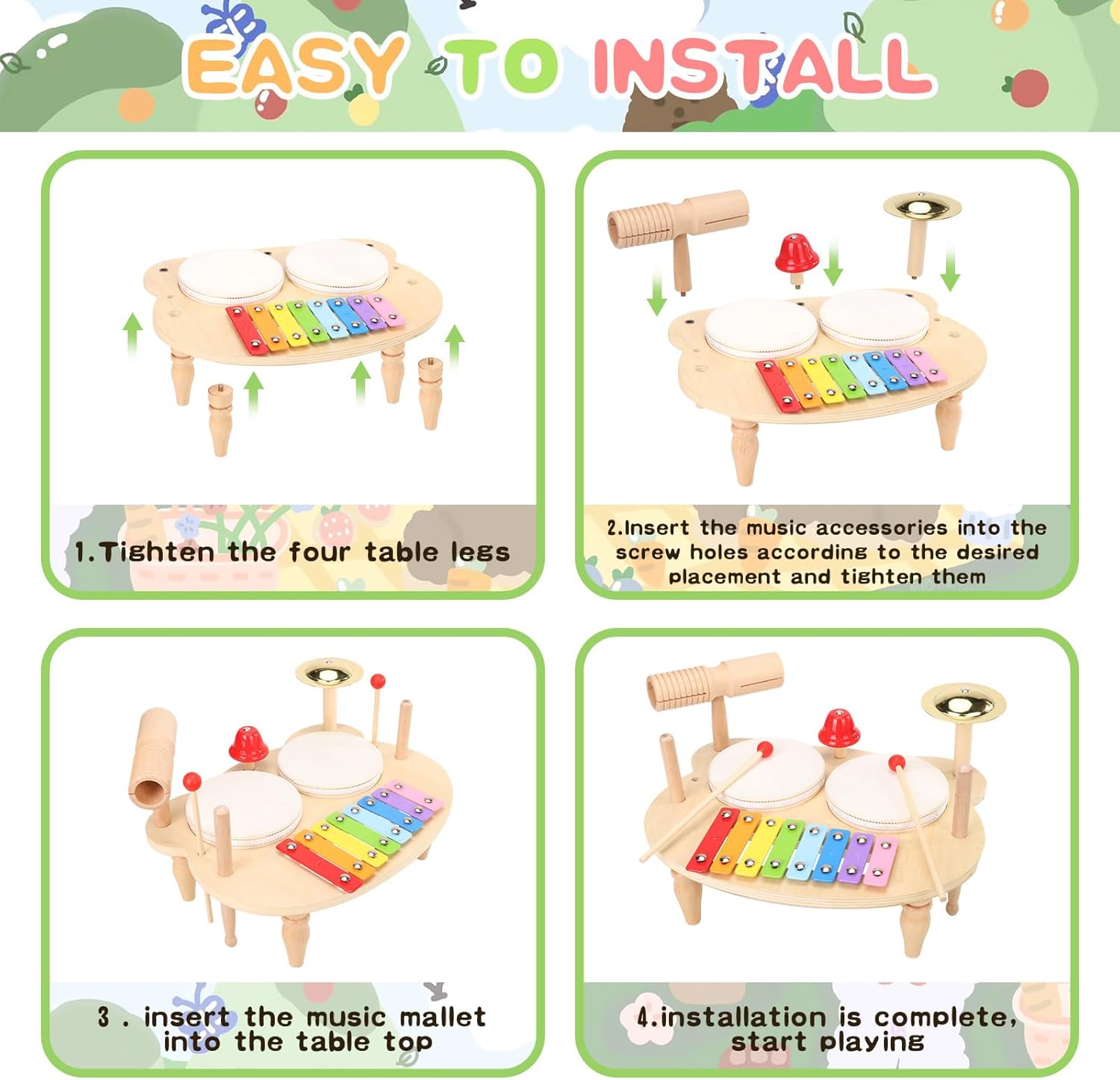 DUCOMINGTOY Kids Drum Set 10 in 1 Wooden Musical Toy