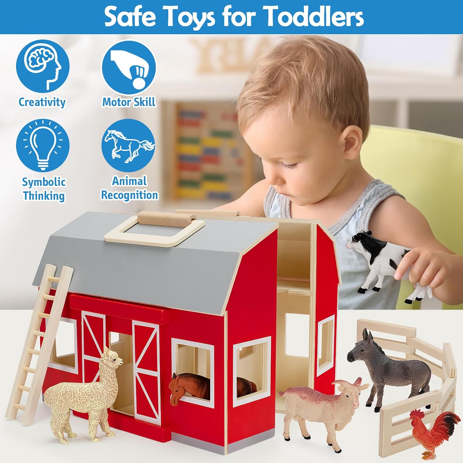 YEEBAY Farm Animals Playset for 3 Kids Wooden Barn Toy