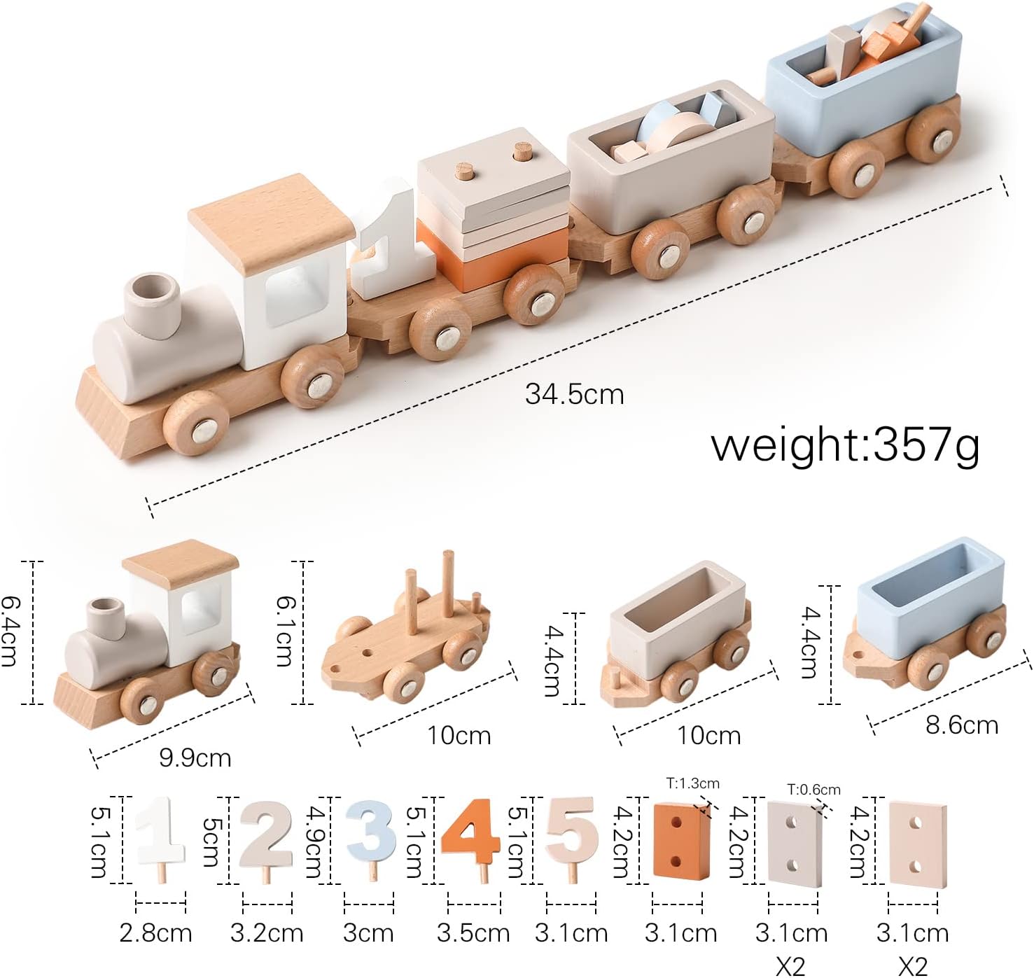 ibwaae Wooden Train Set with Numbers and Blocks