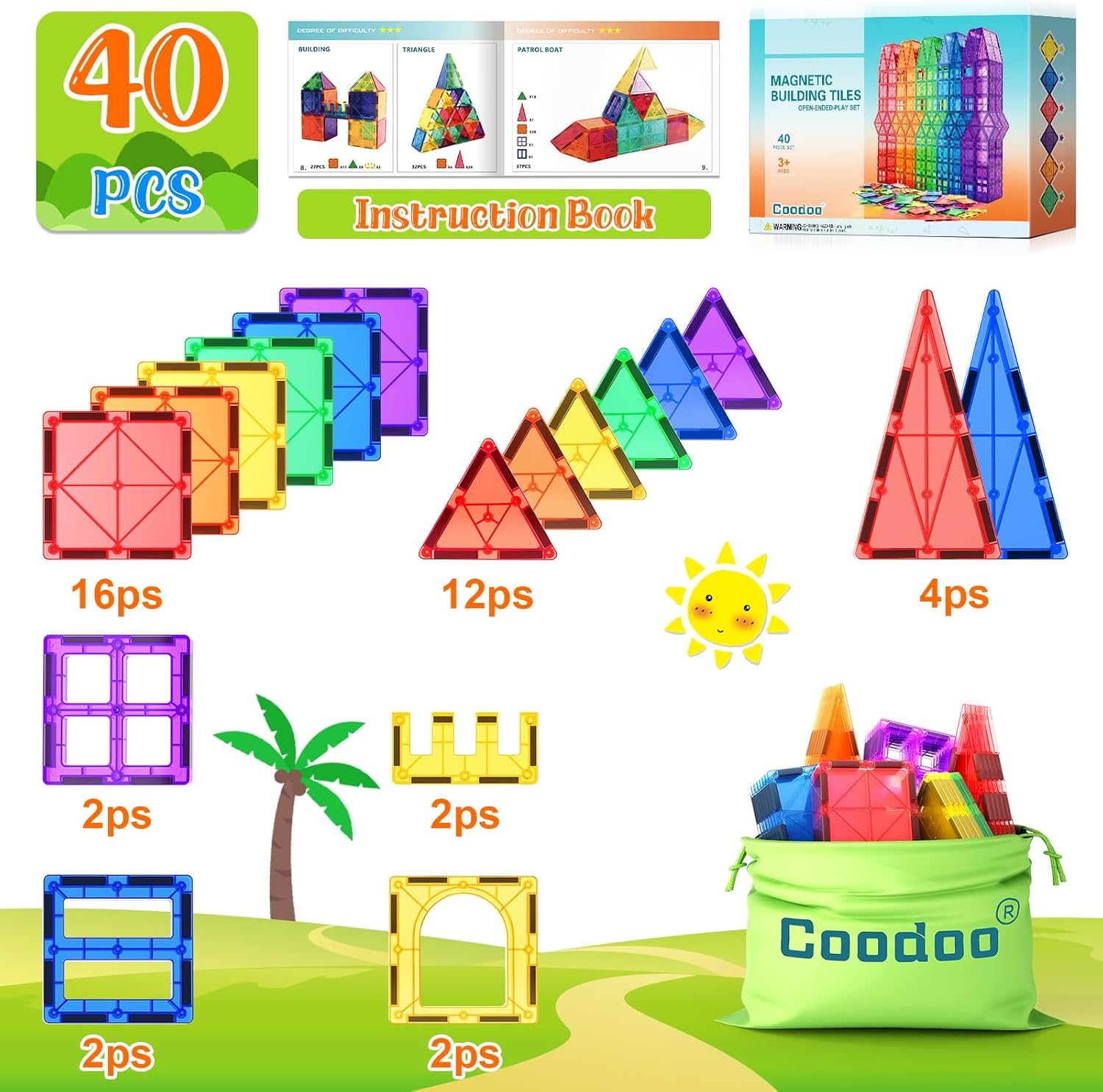 Coodoo Magnetic Tiles STEM Learning Toy for Kids 40PCS