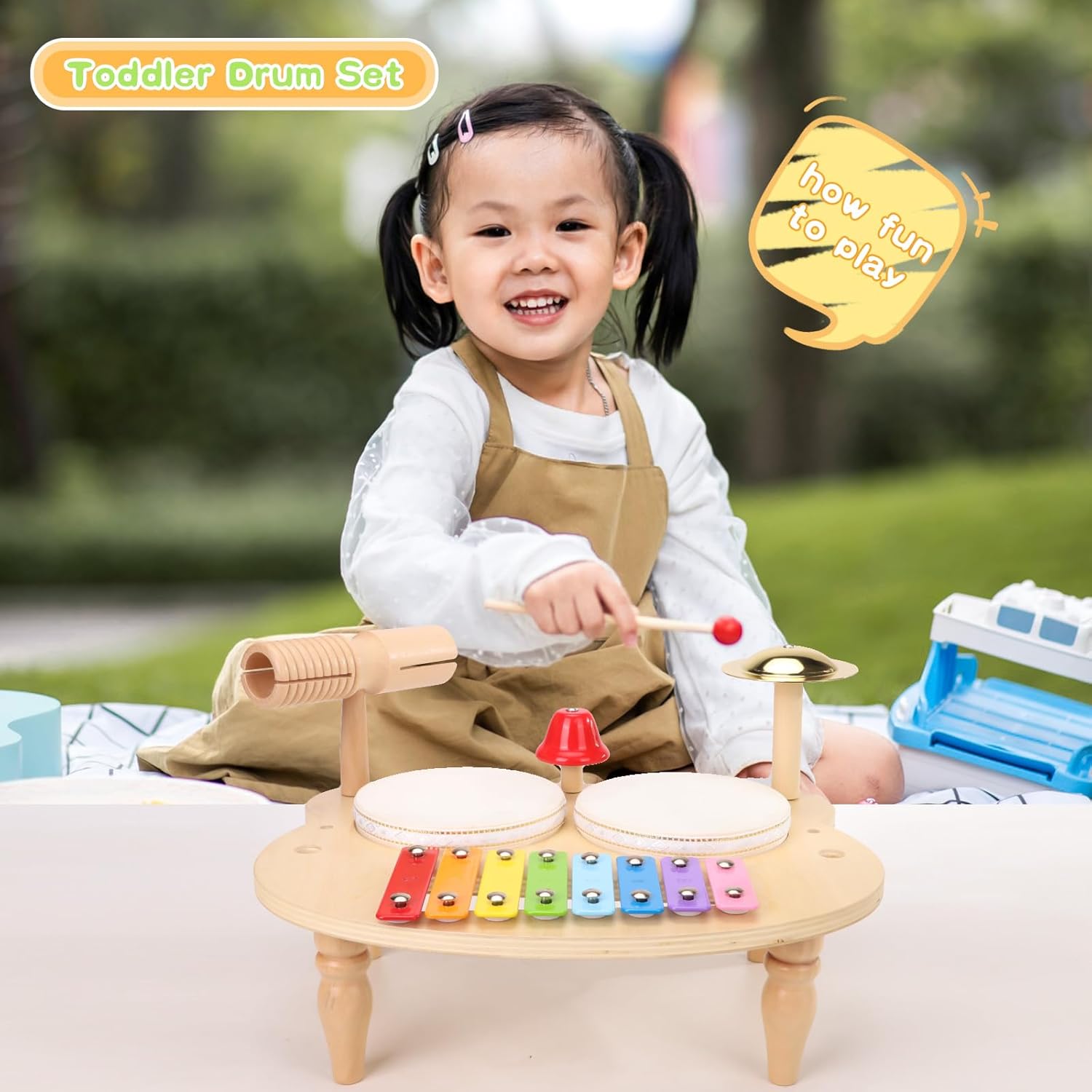DUCOMINGTOY Kids Drum Set 10 in 1 Wooden Musical Toy