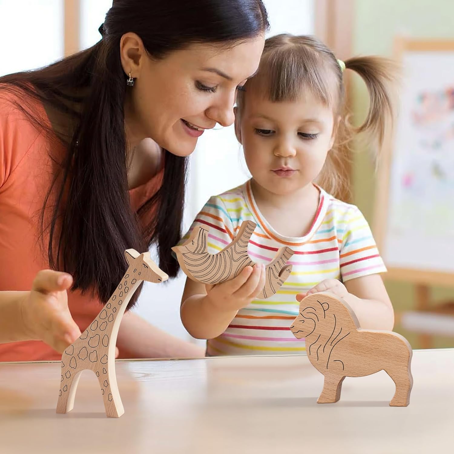 JackMarie Wooden Animal Toys 3-Piece Set - Lion Giraffe Zebra