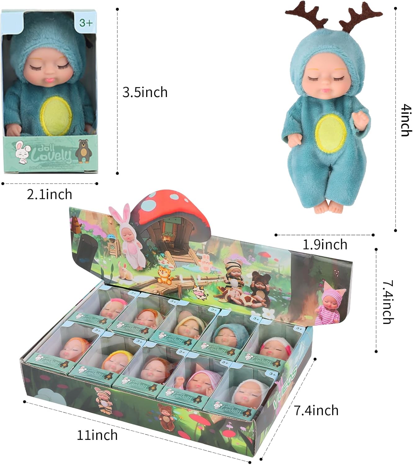 10 Pcs 4 Inch Mini Reborn Baby Dolls Set with Animal Clothes