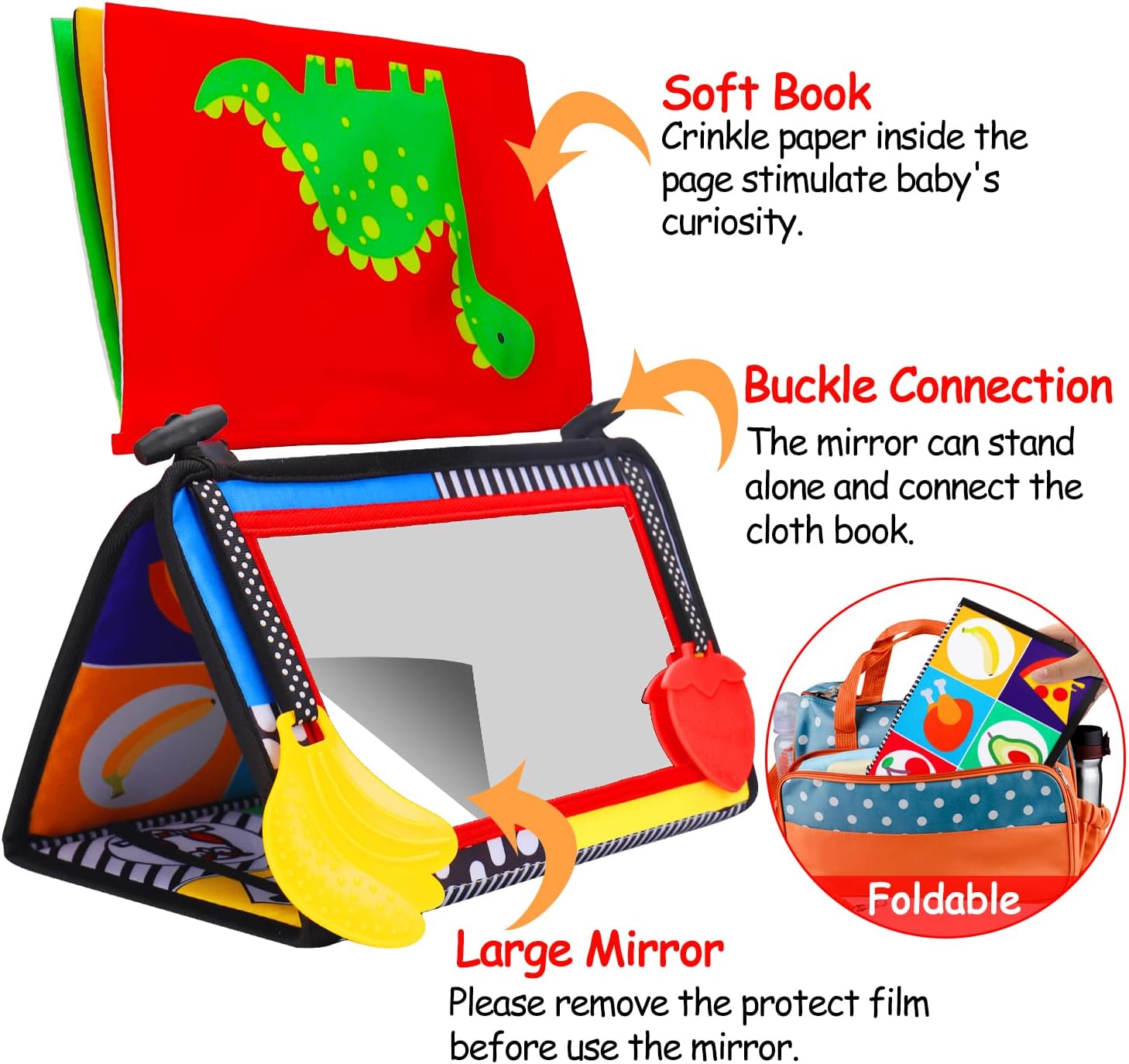 Thremhoo Tummy Time Mirror Toy with Crinkle Book