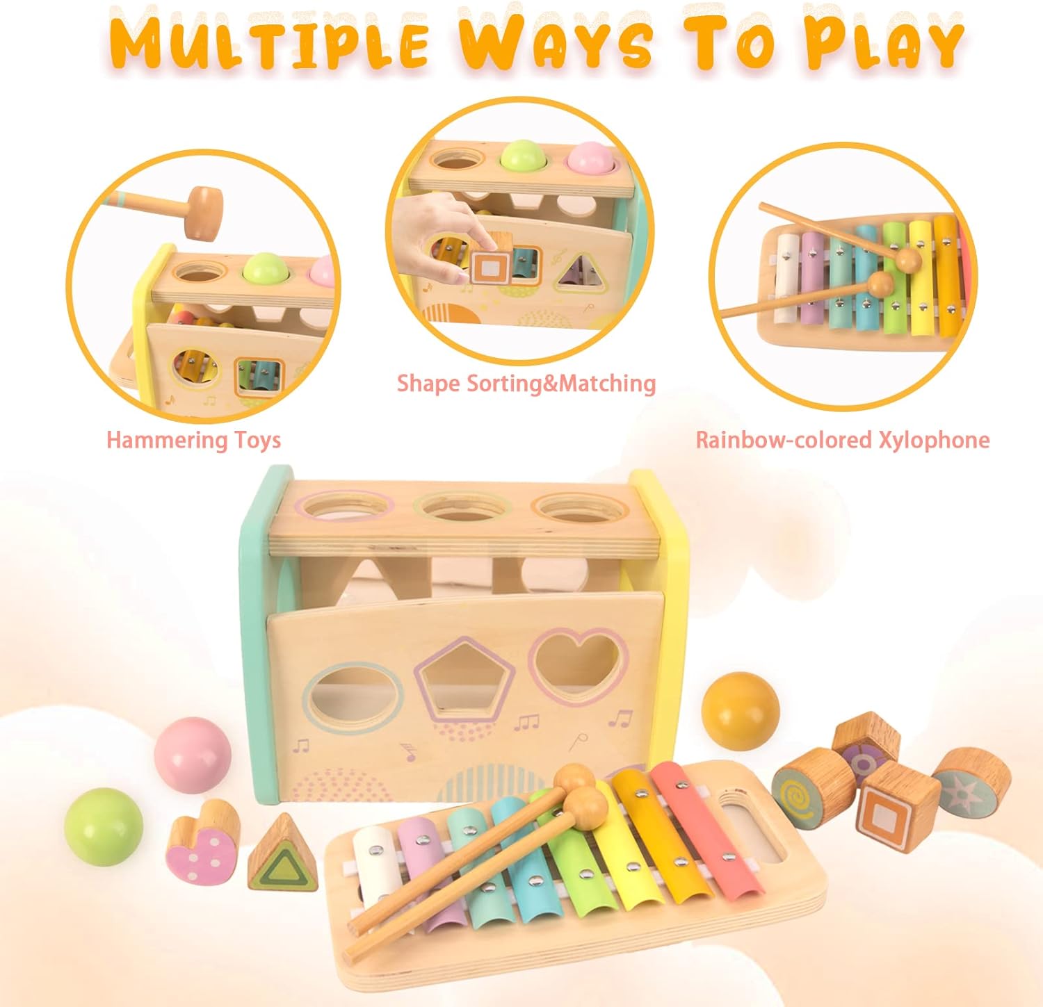 WOODENFUN Hammering Toy Educational Xylophone Shape Sorter for Toddlers