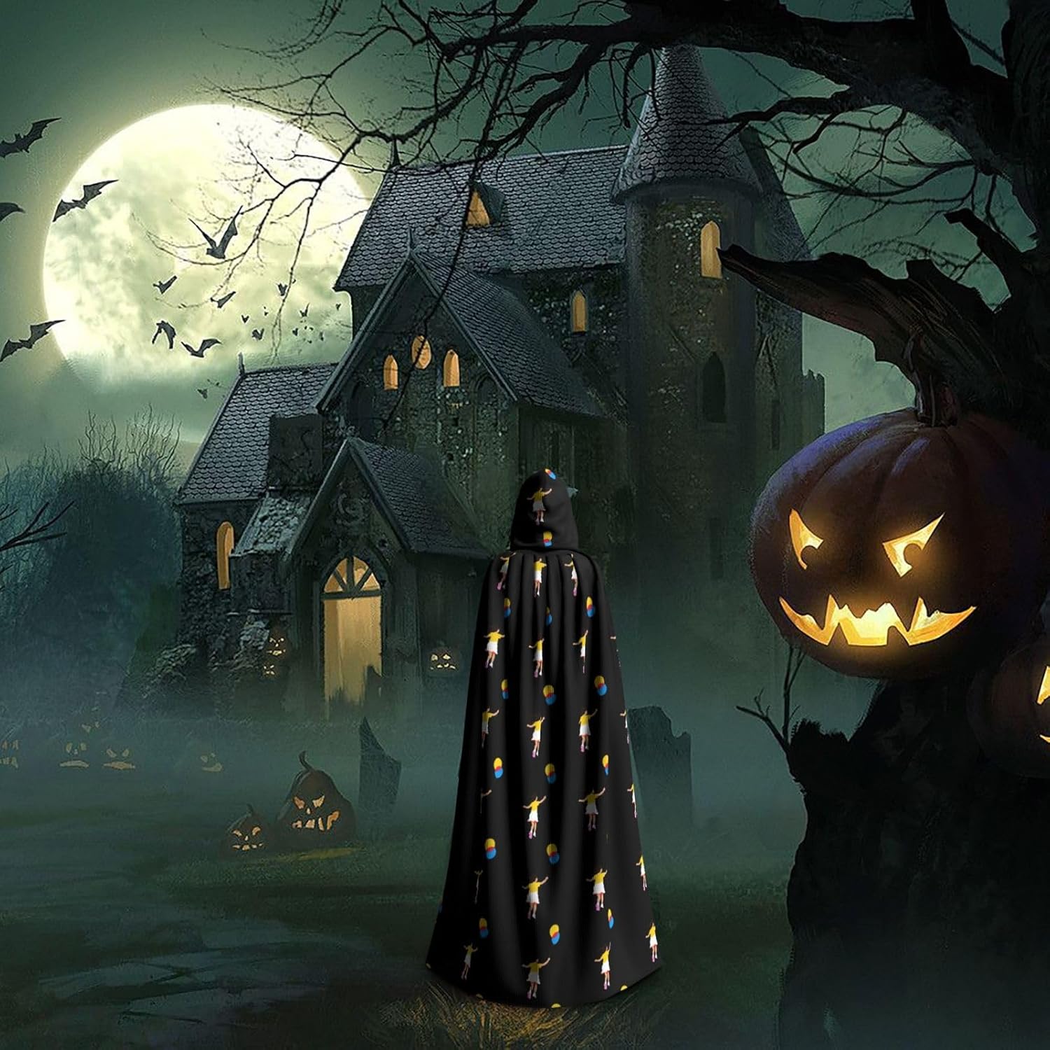 Little Girl Running with Balloons Halloween Hooded Cloak