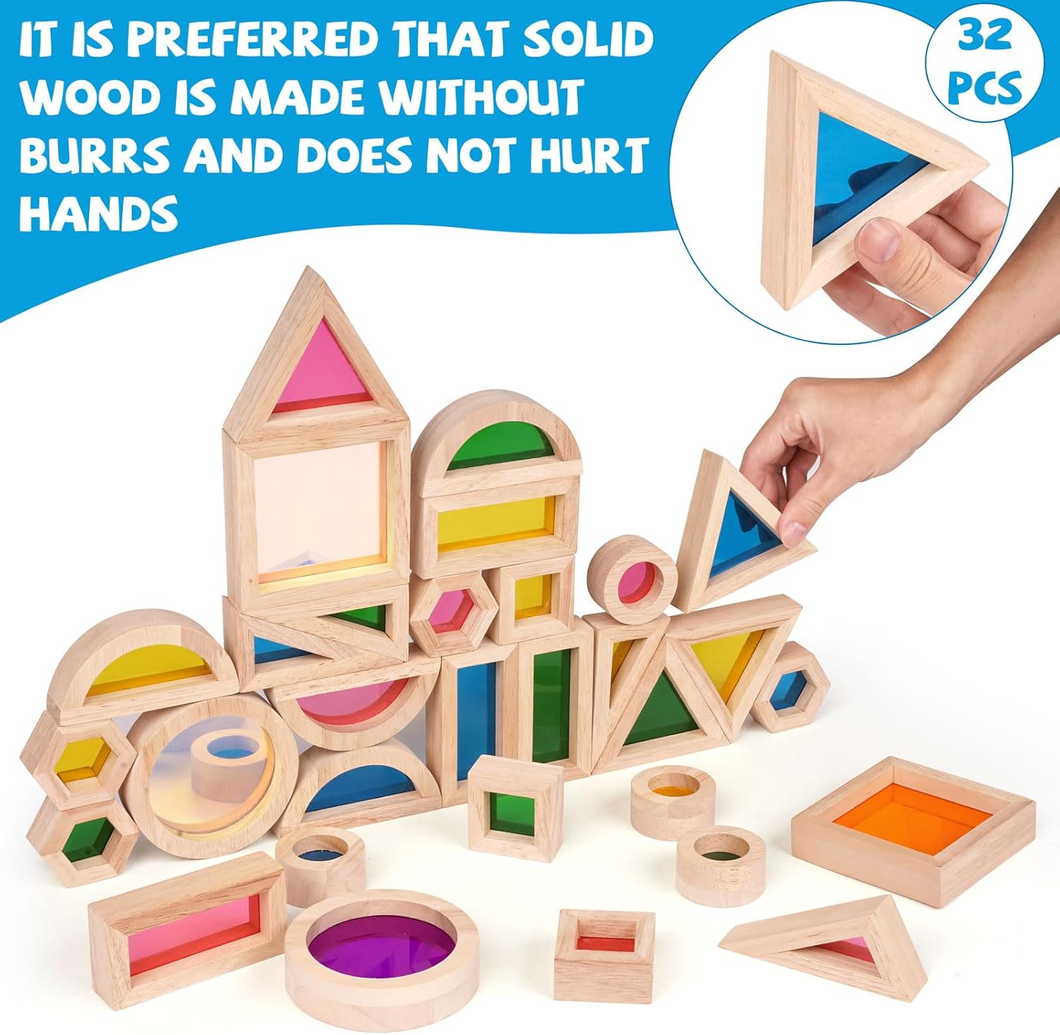 Agirlgle Rainbow Building Blocks 32 Pcs Wooden Stacking Set