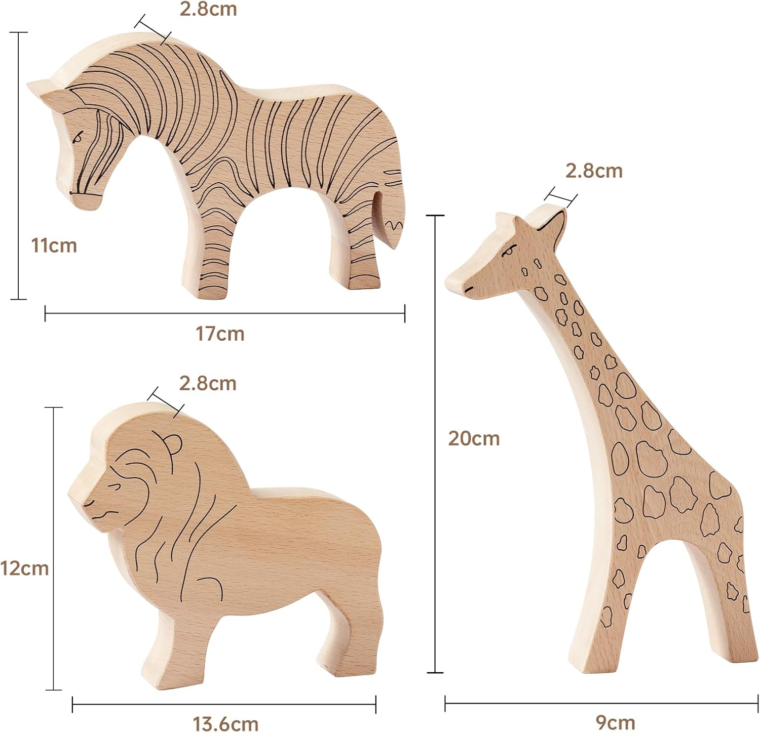 JackMarie Wooden Animal Toys 3-Piece Set - Lion Giraffe Zebra