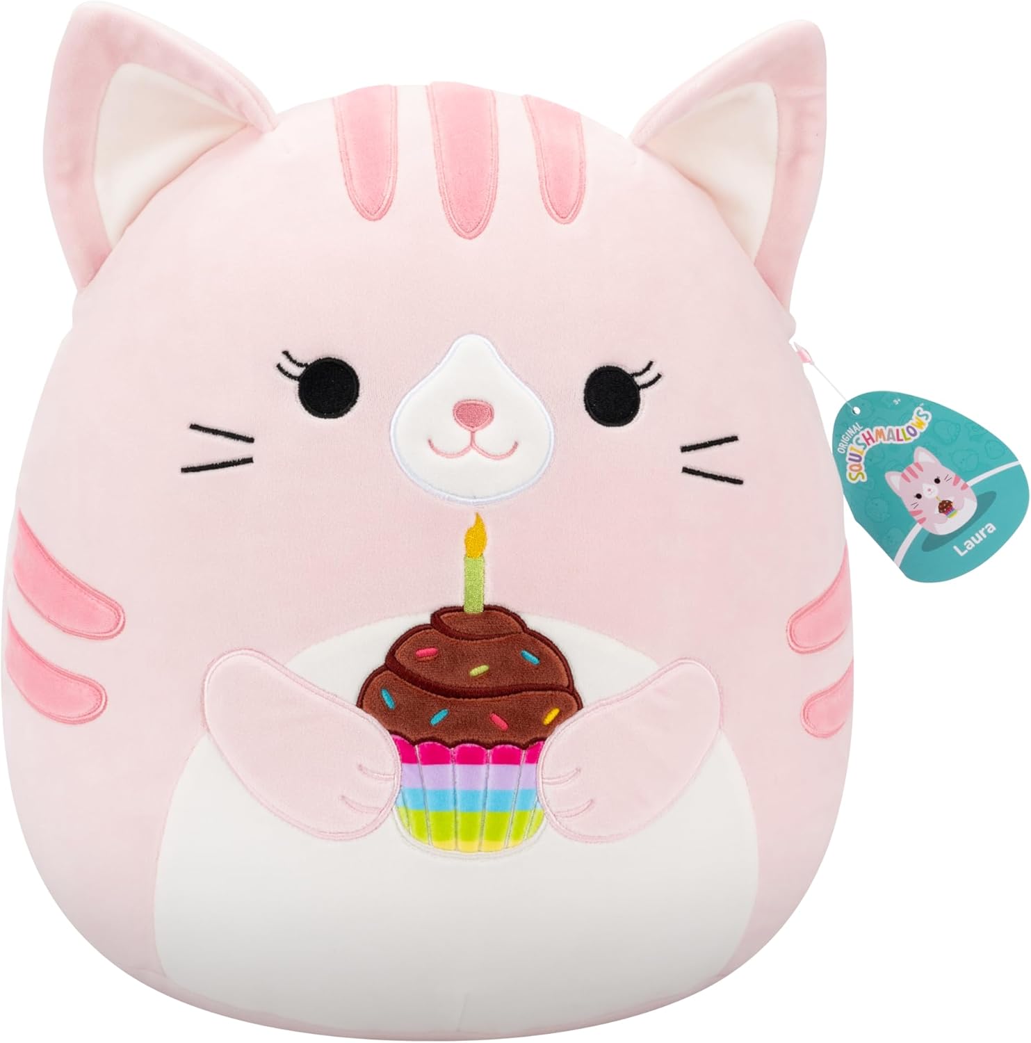 Squishmallows Original 14in Laura Pink Tabby Cat Holding Cupcake