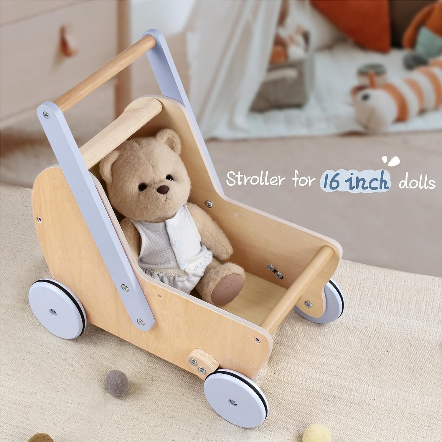 Pillowhale Wooden Baby Doll Stroller with Walker