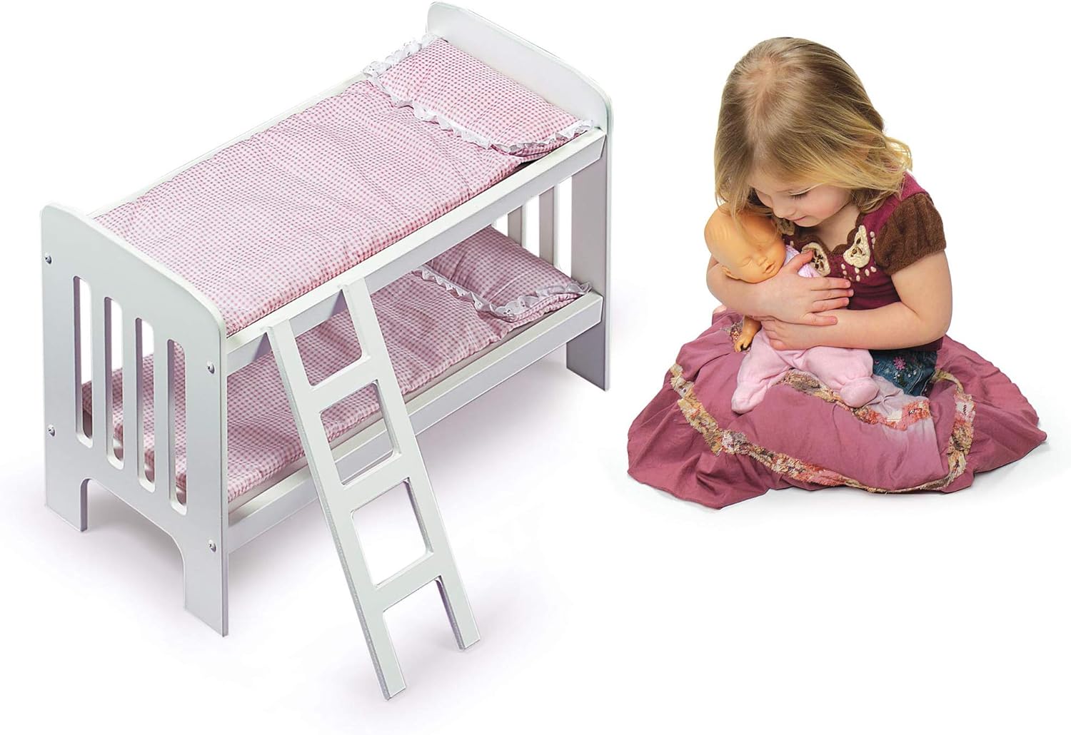 Badger Basket Doll Bunk Bed with Ladder and Bedding - White and Pink Gingham