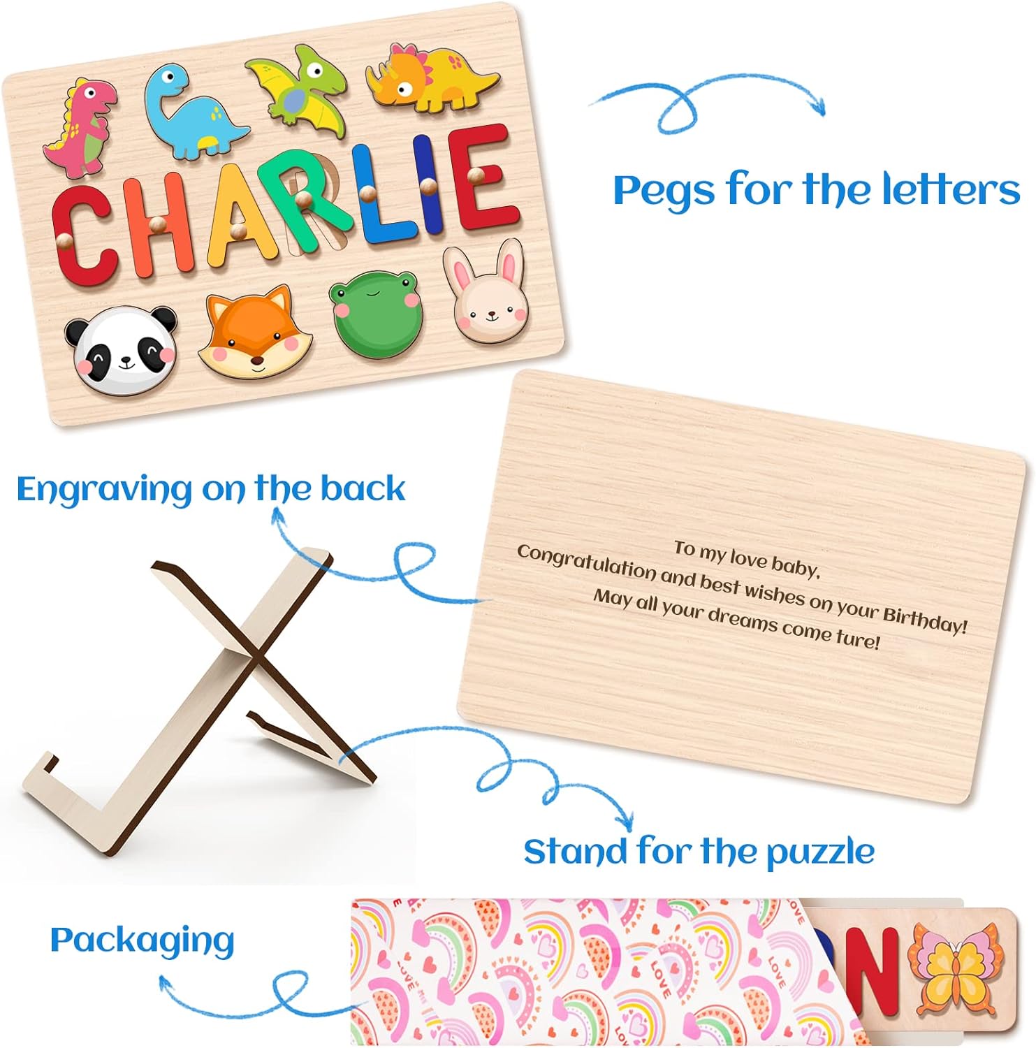 Personalized Name Puzzle for Kids - 1-3 Year Old Wooden Toy