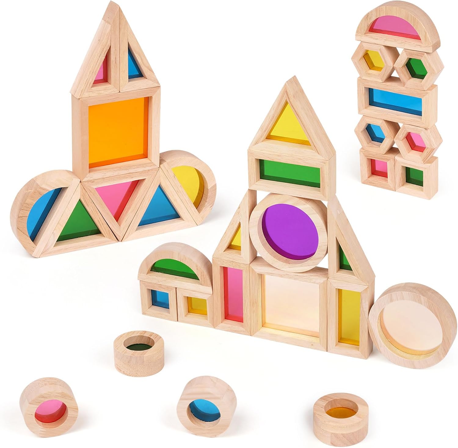 Agirlgle Rainbow Building Blocks 32 Pcs Wooden Stacking Set