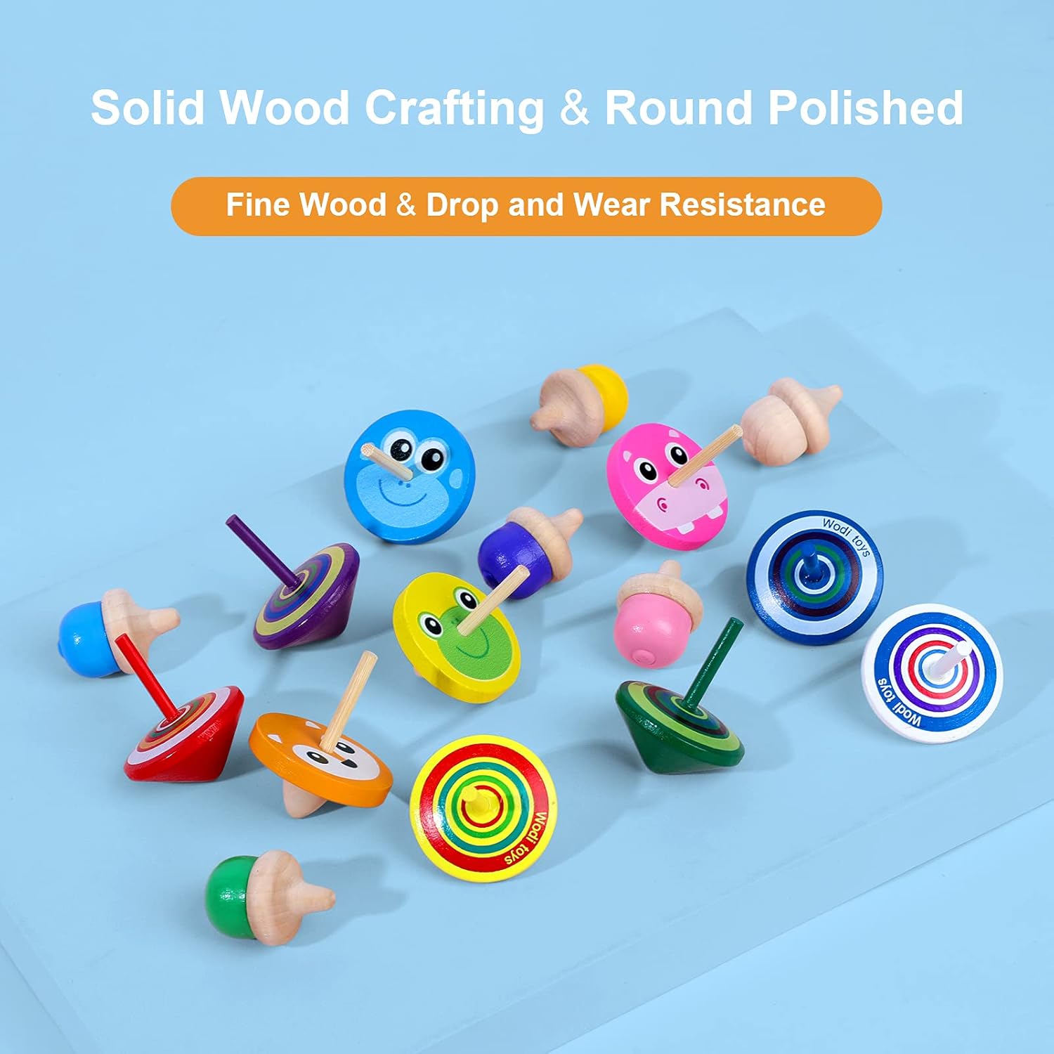 Wodi Wooden Spinning Tops 17 Piece Set
