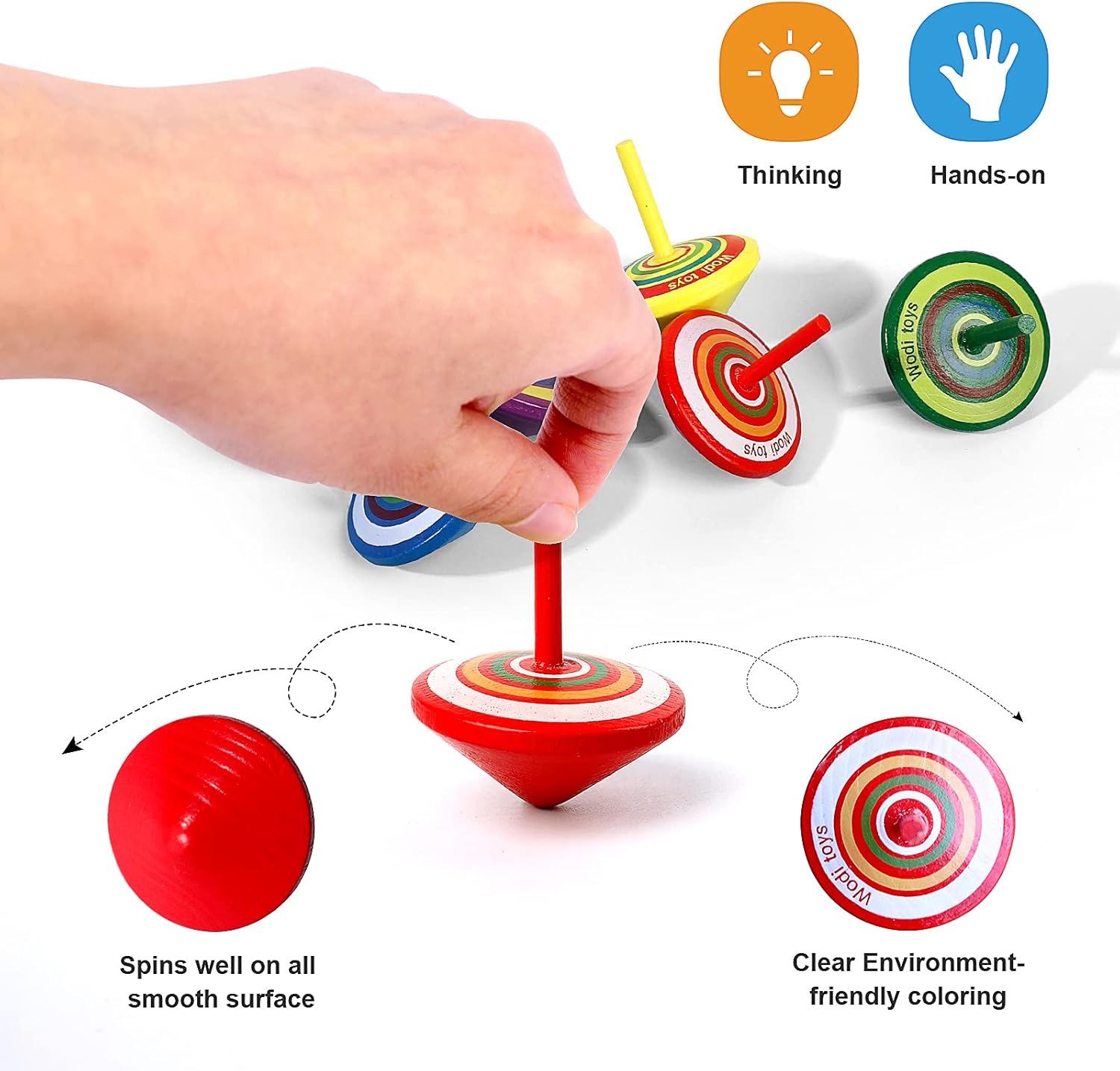 Wodi Wooden Spinning Tops 17 Piece Set