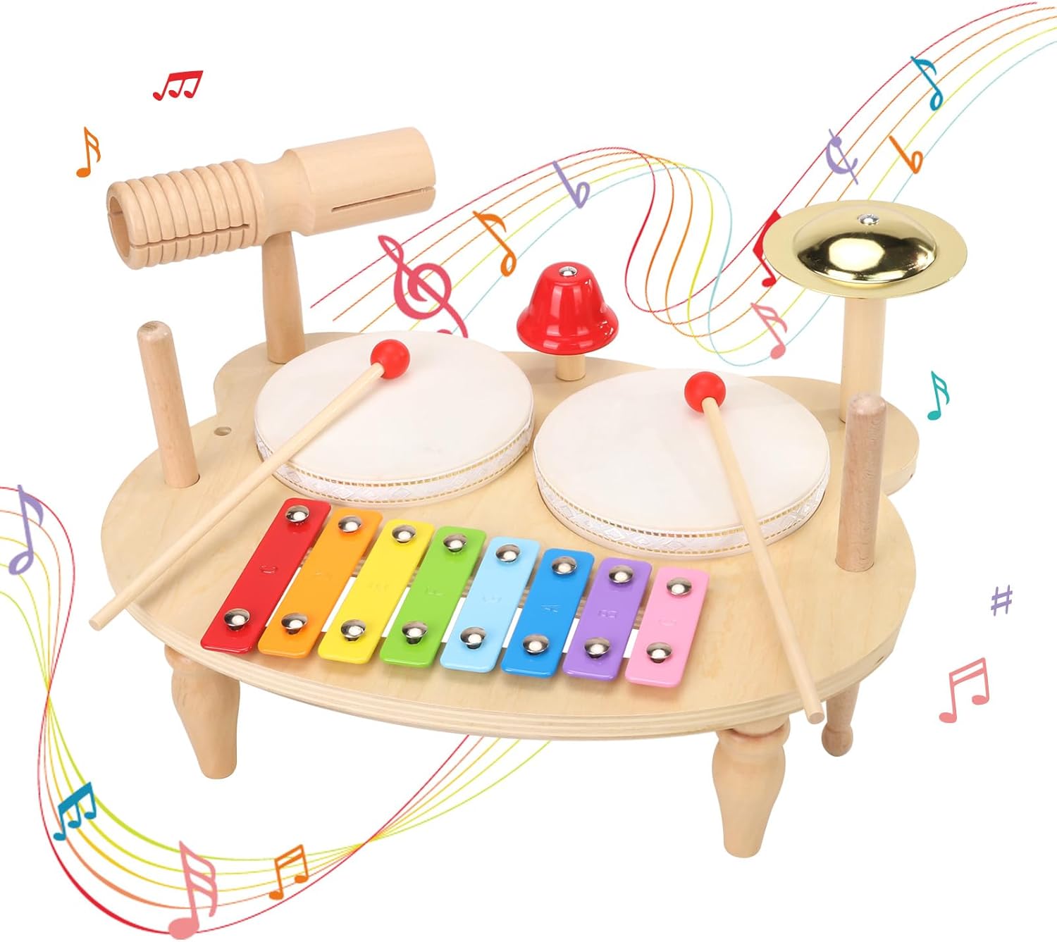 DUCOMINGTOY Kids Drum Set 10 in 1 Wooden Musical Toy