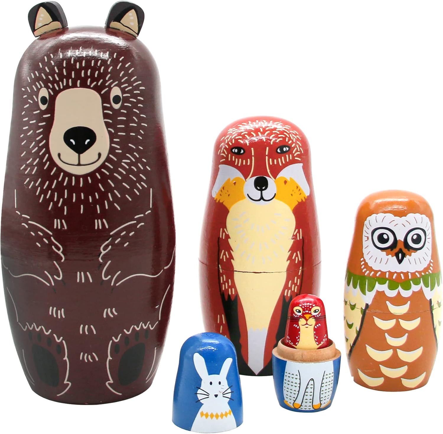 Conzy 5-Piece Wooden Russian Nesting Dolls with Cartoon Animal Design