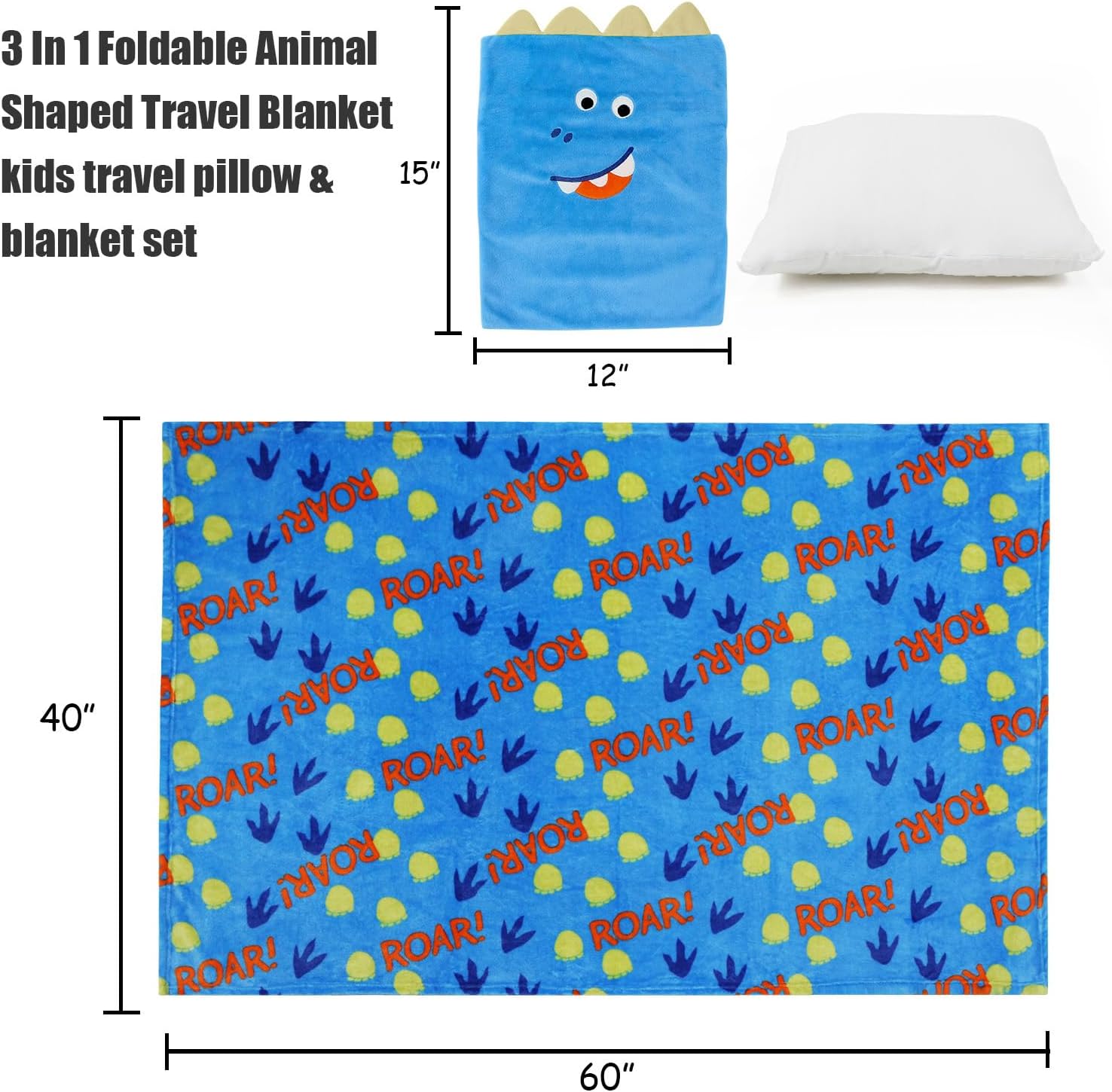 3 in 1 Dinosaur Travel Pillow and Blanket Set for Kids
