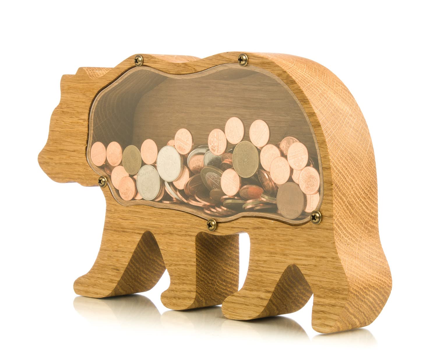 Wooden Money Box - Grizzly Bear Piggy Bank with Organic Glass