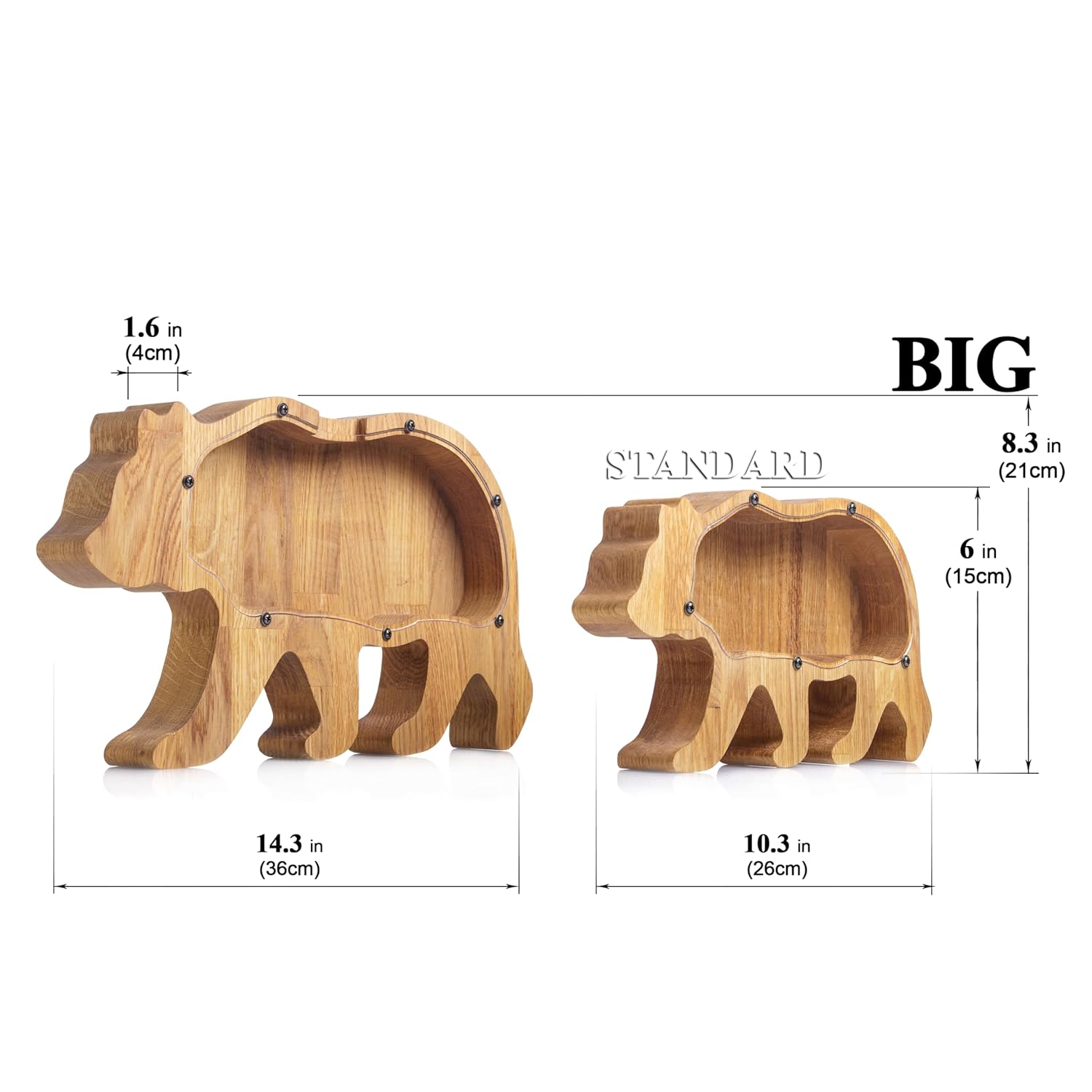 Wooden Money Box - Grizzly Bear Piggy Bank with Organic Glass