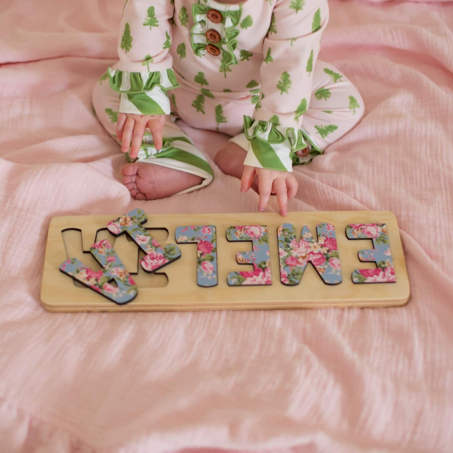 Personalized Wooden Name Puzzle for Kids - Floral Grey