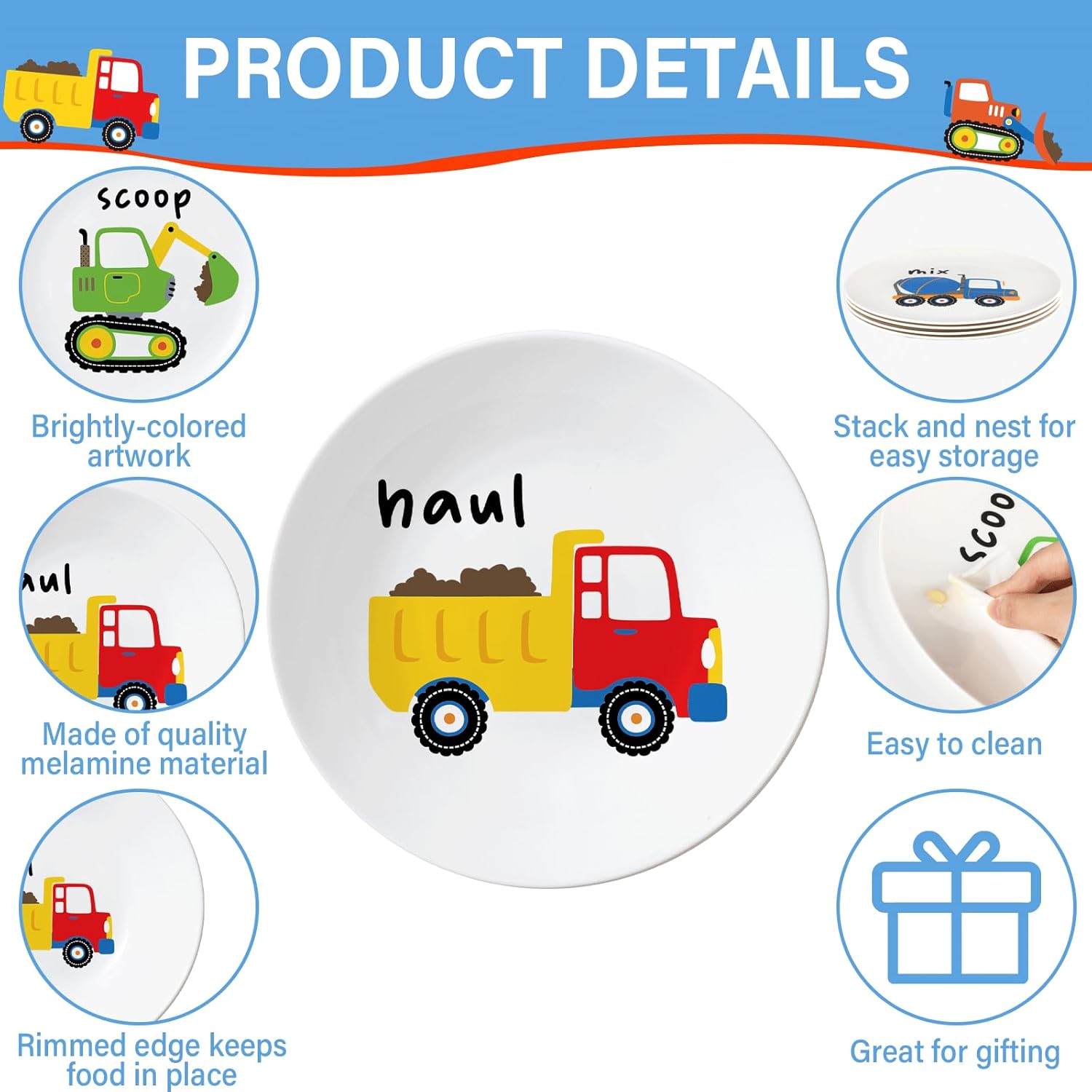 4-Pack 10-Inch Melamine Construction Truck Plates