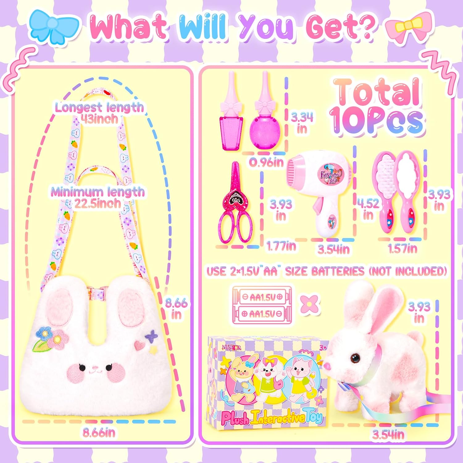 NINAOR Easter Bunny Toy with Crossbody Bag and Pet Care Accessories