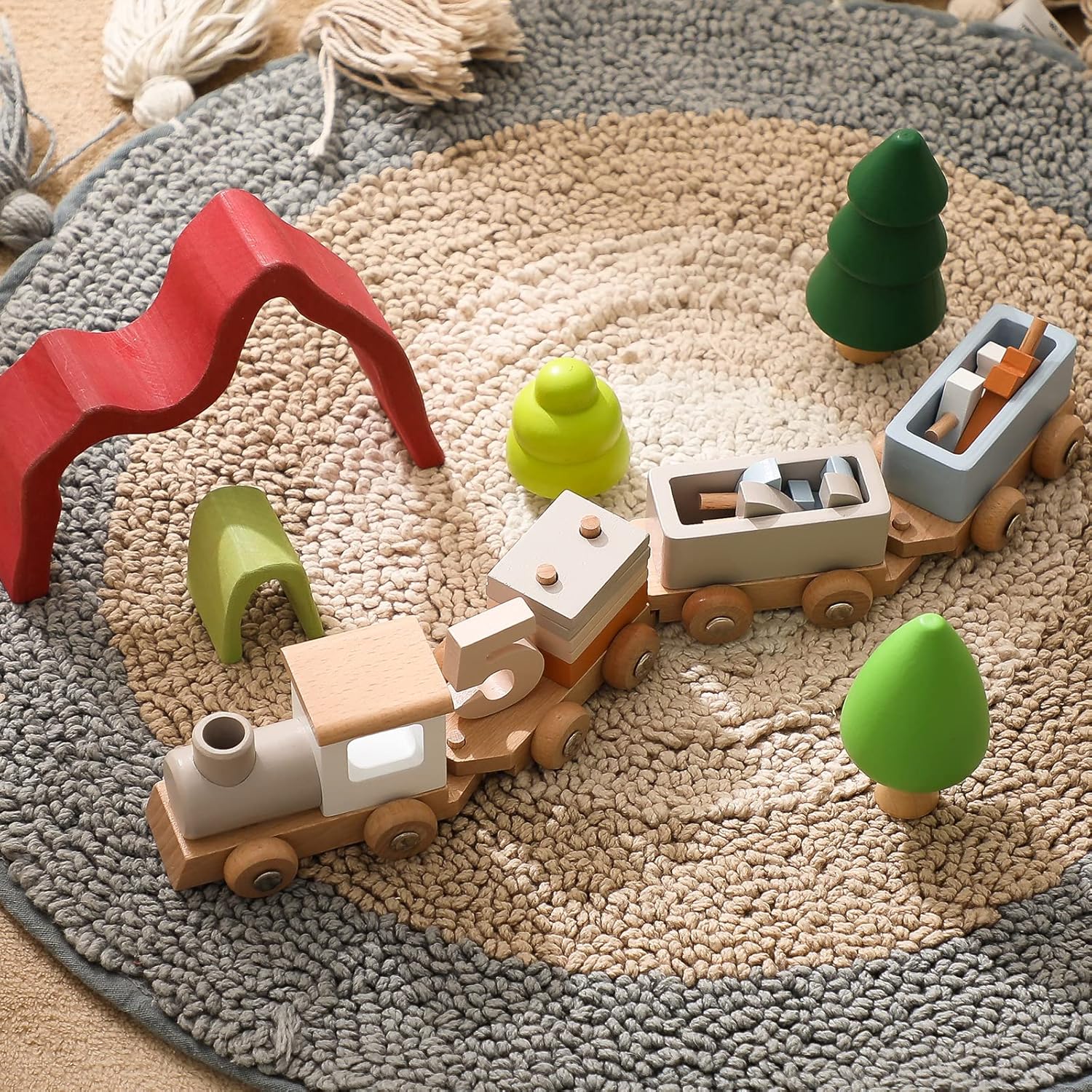 ibwaae Wooden Train Set with Numbers and Blocks