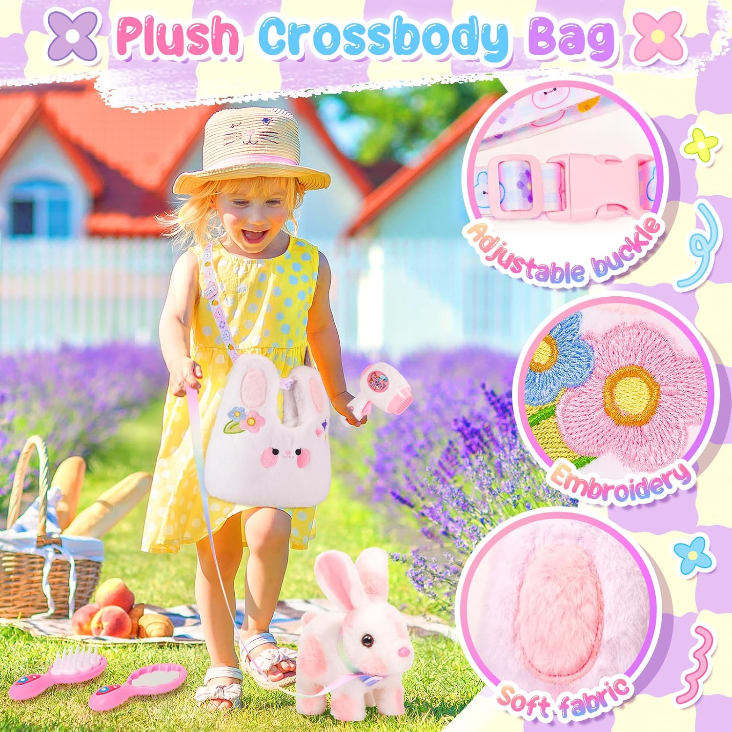 NINAOR Easter Bunny Toy with Crossbody Bag and Pet Care Accessories