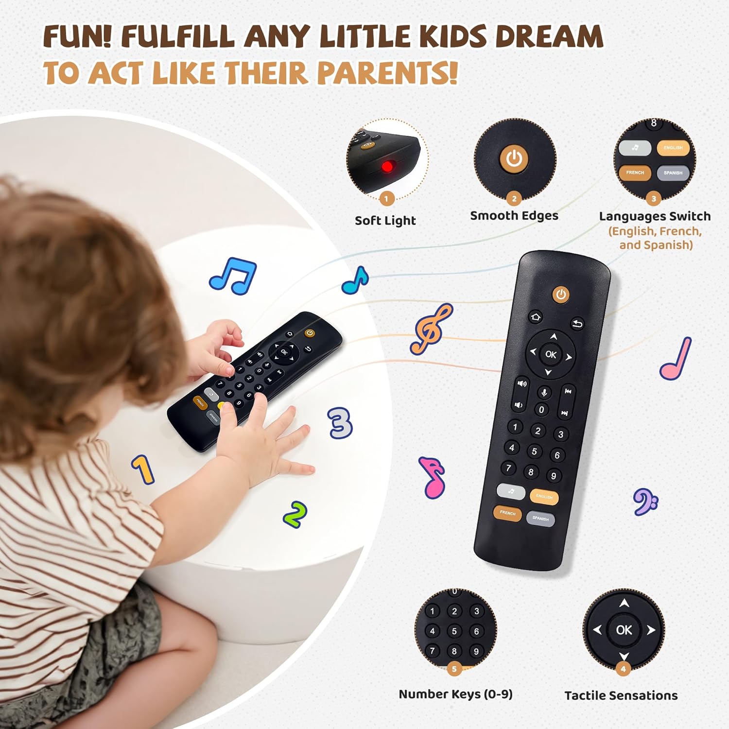 KIRALUMI Baby TV Remote Toy with Lights and Sounds