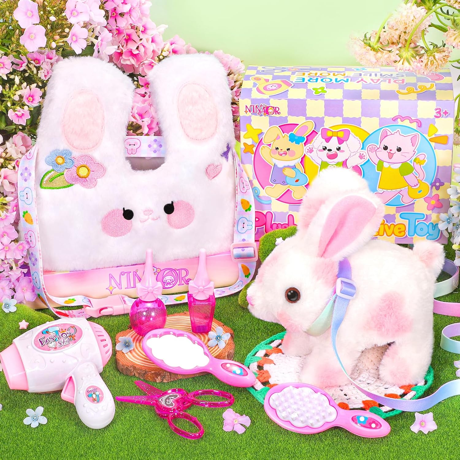 NINAOR Easter Bunny Toy with Crossbody Bag and Pet Care Accessories