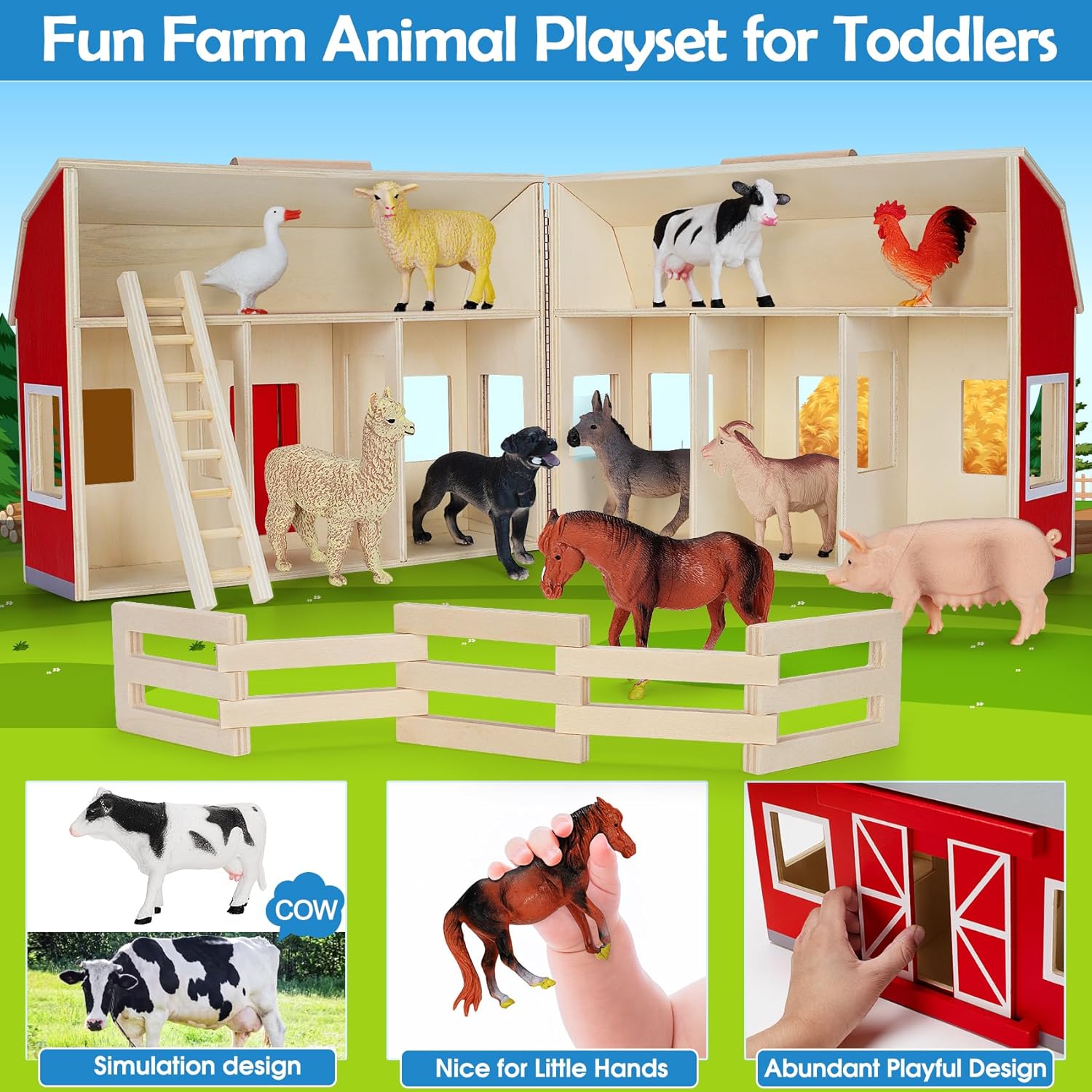 YEEBAY Farm Animals Playset for 3 Kids Wooden Barn Toy