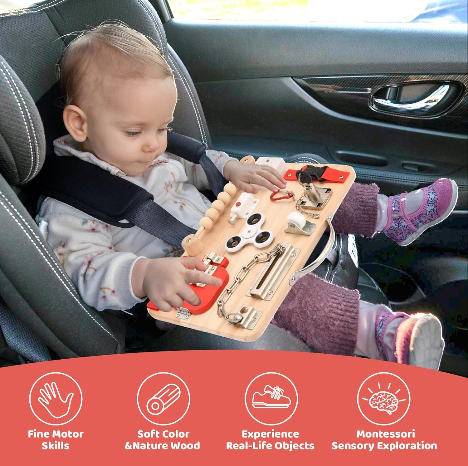 Montessori Busy Board for Toddlers - Wooden Fidget Toy