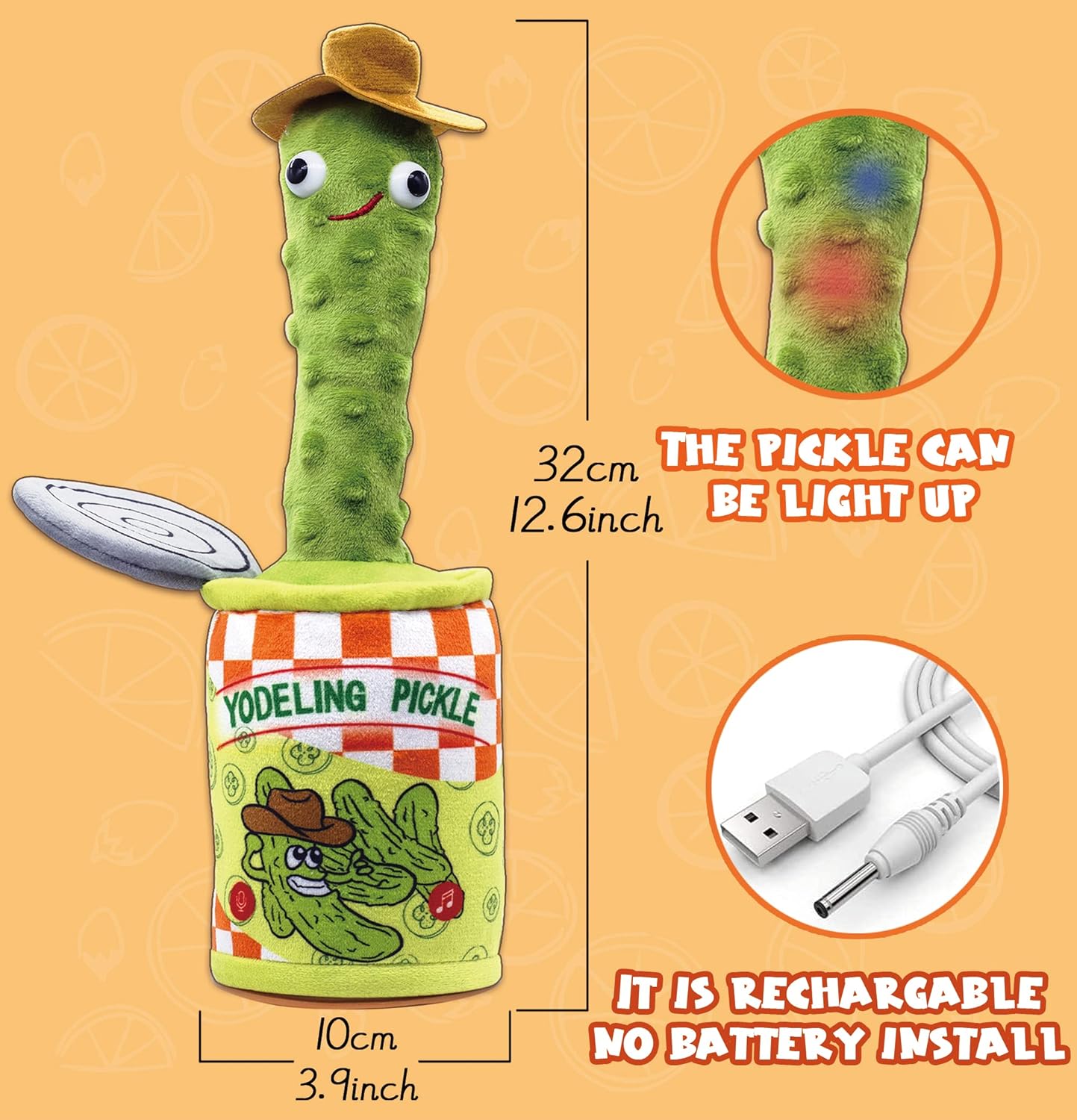 Yodeling Pickle Toy - Rechargeable Talking Plush Gag Gift for All Ages