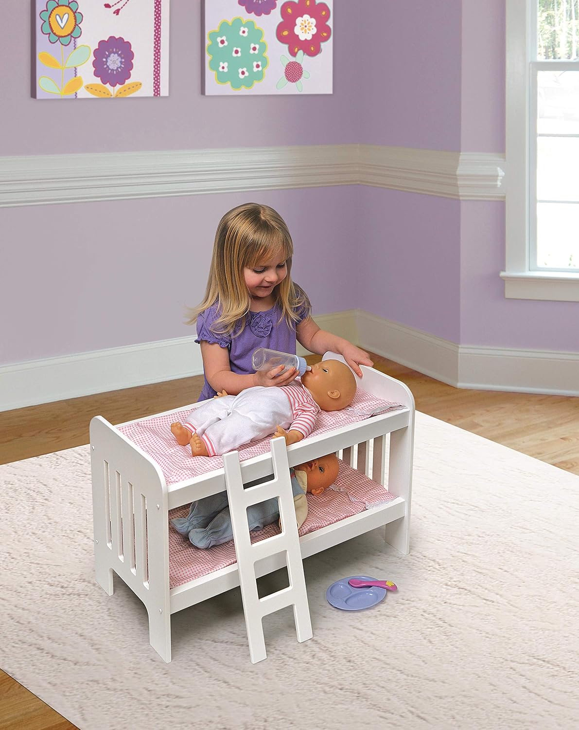 Badger Basket Doll Bunk Bed with Ladder and Bedding - White and Pink Gingham