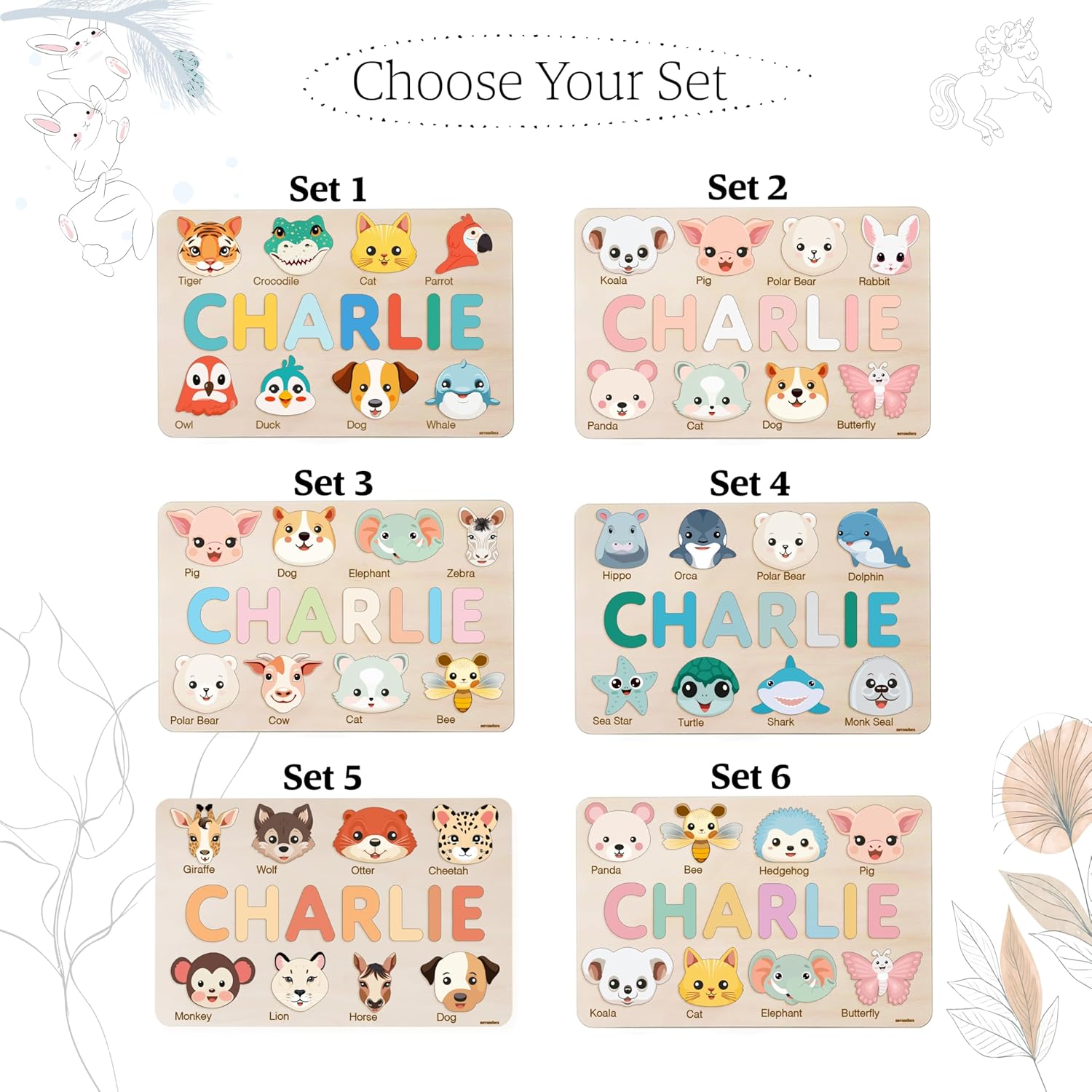Personalized Wooden Name Puzzle with Cute Animals 1
