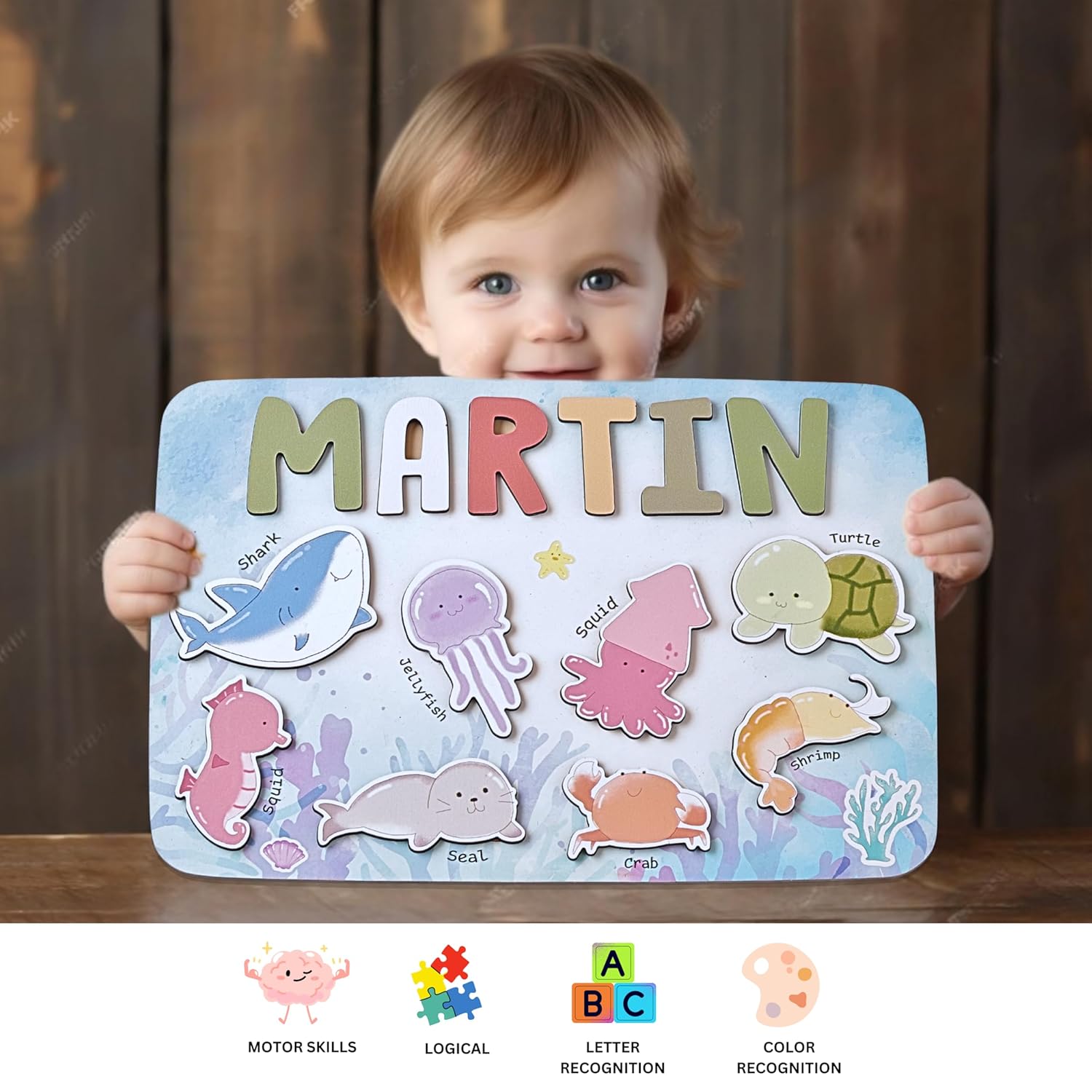 Custom Name Puzzle for Toddlers 1-3 - Sea Animal Design