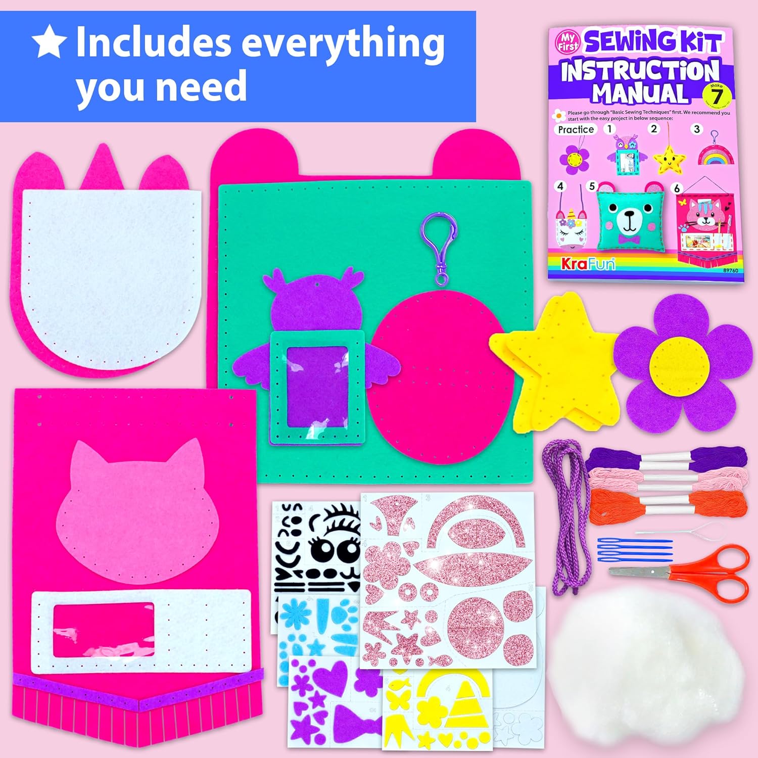 KRAFUN First Sewing Kit for Kids 7 Easy DIY Projects