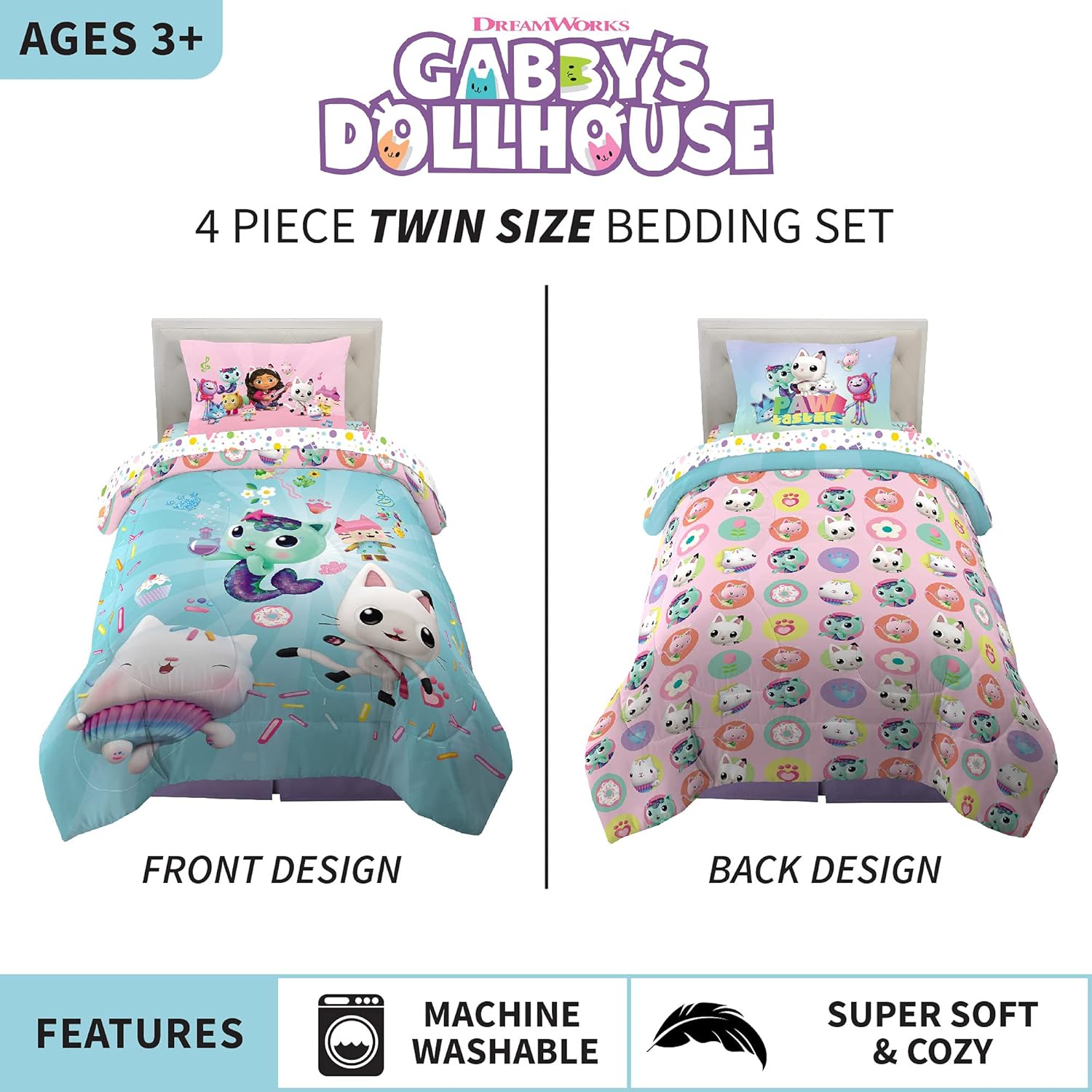 Franco DreamWorks Gabbys Dollhouse 4-Piece Twin Bedding Set
