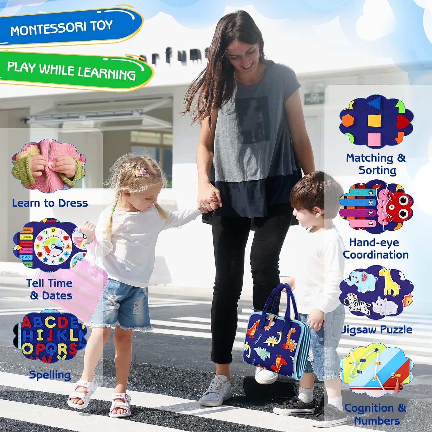 Esjay Toddler Busy Board with 8 Pages Blue Dinosaur Design