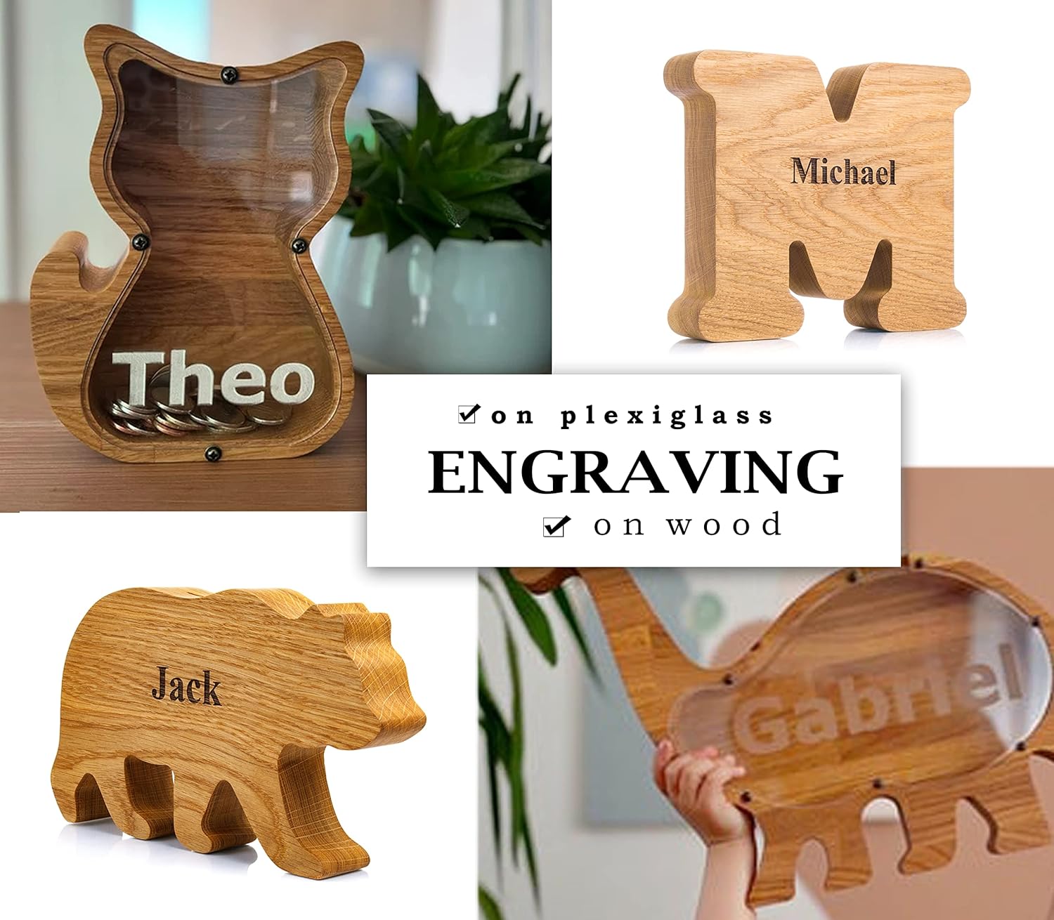 Wooden Piggy Bank with Mouse Design Money Box Frame
