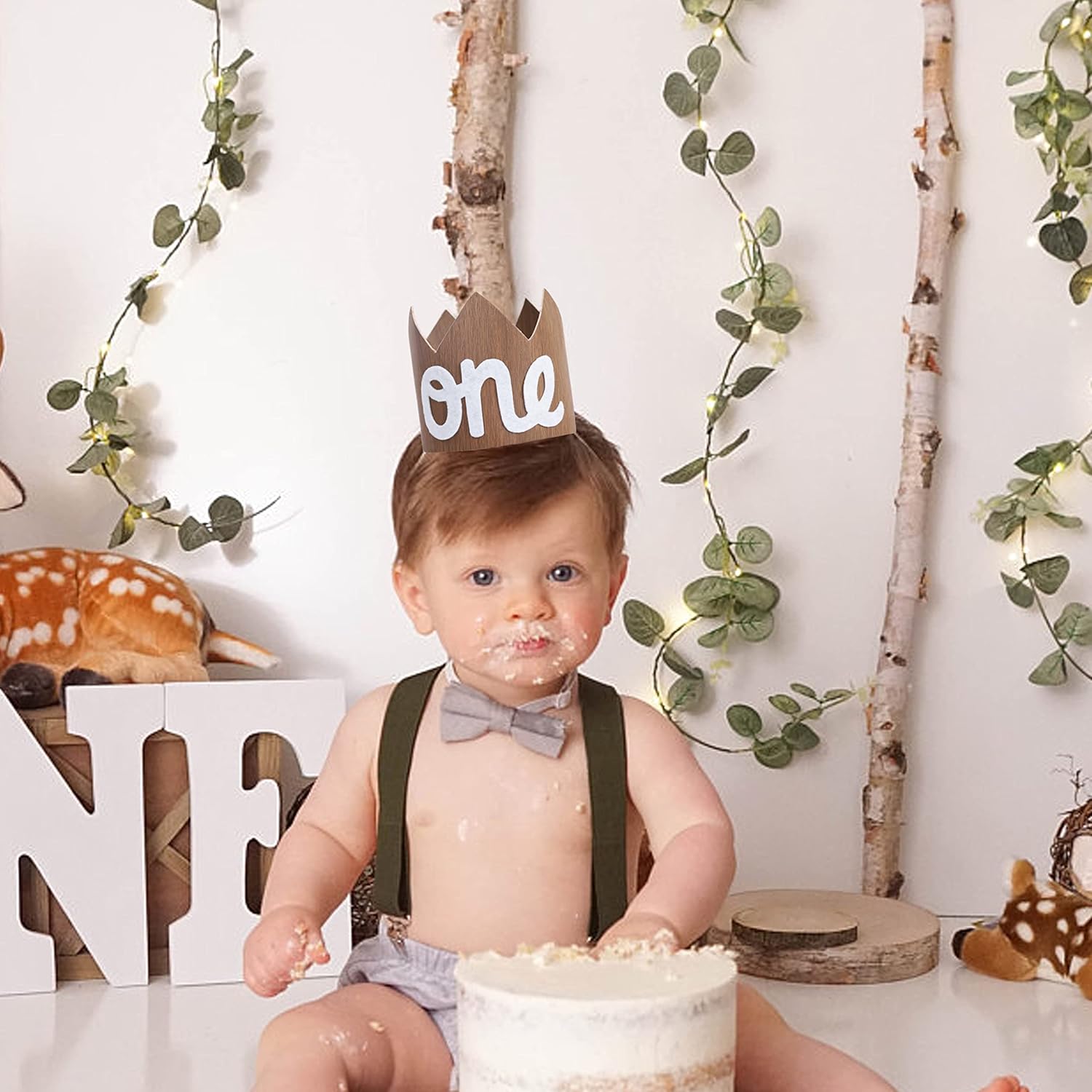1st Birthday Mini Wood Crown Hat for Boys - Woodland Smash Cake Crown