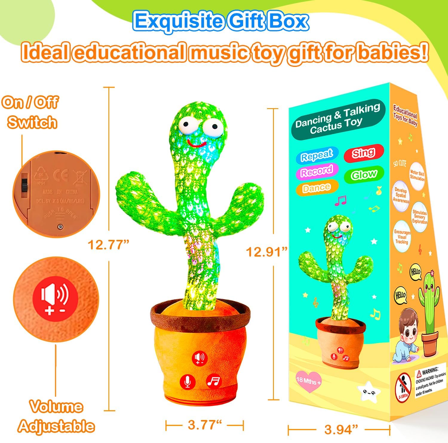 Vitosup Volume Adjustable Talking Cactus Toy for Baby and Toddler