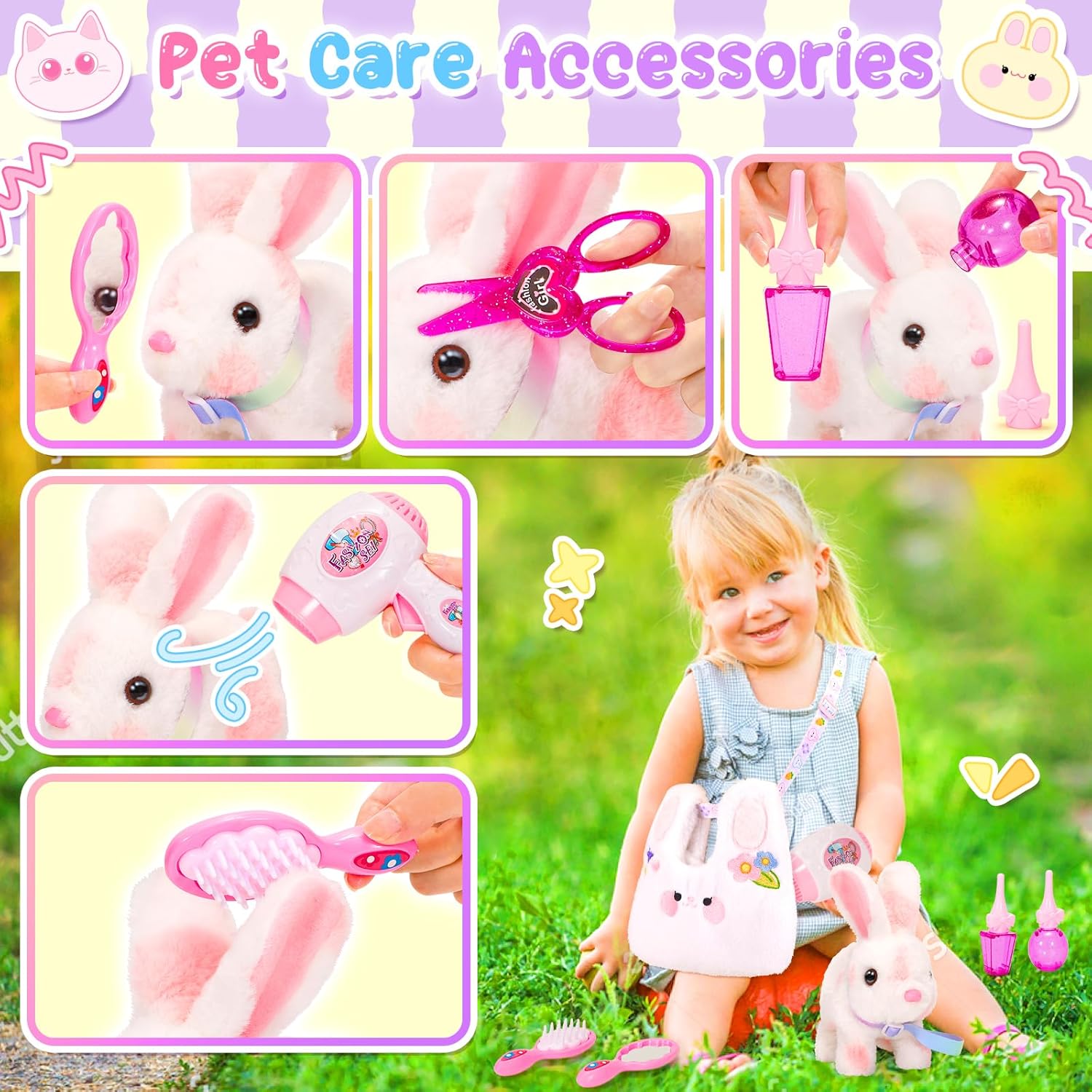 NINAOR Easter Bunny Toy with Crossbody Bag and Pet Care Accessories