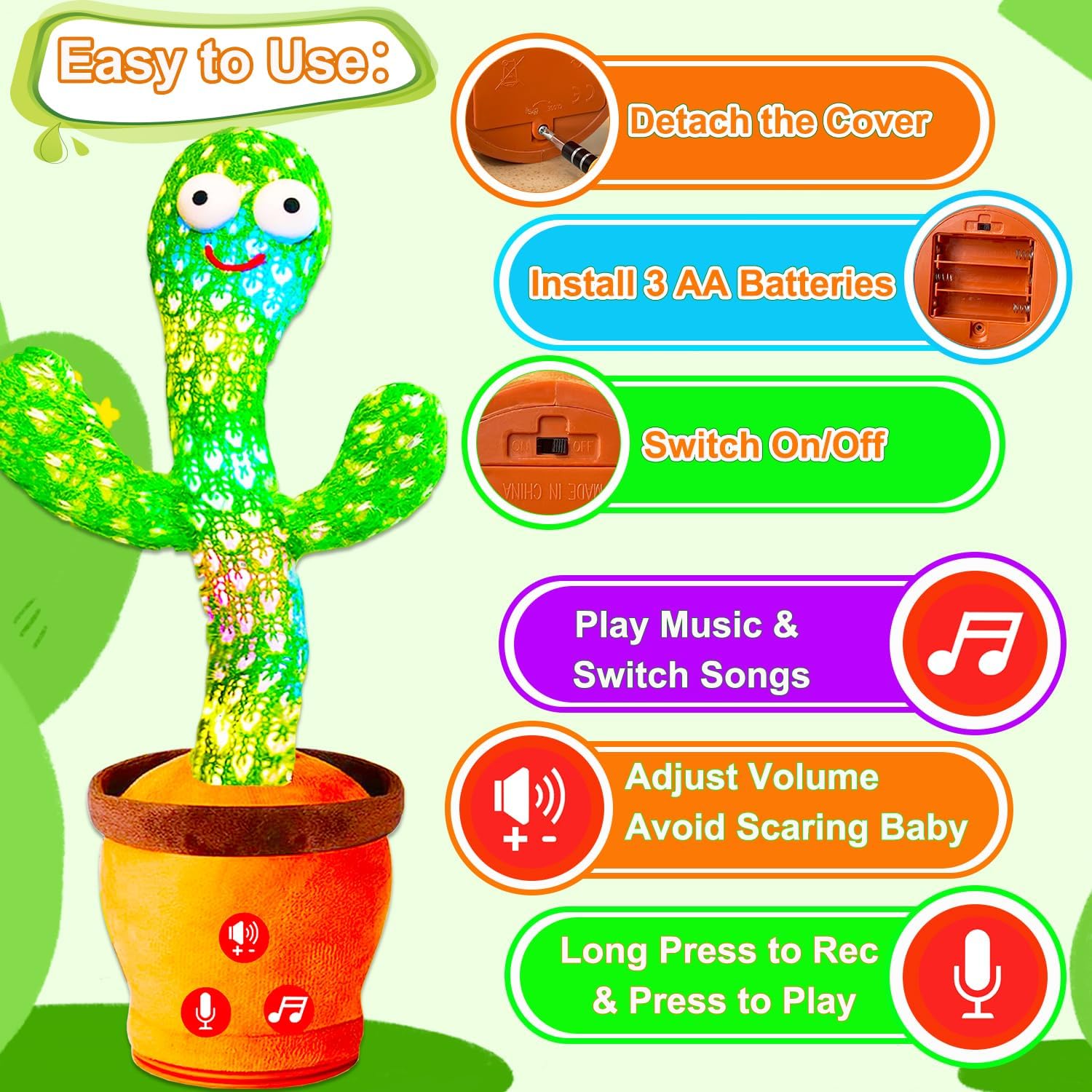 Vitosup Volume Adjustable Talking Cactus Toy for Baby and Toddler