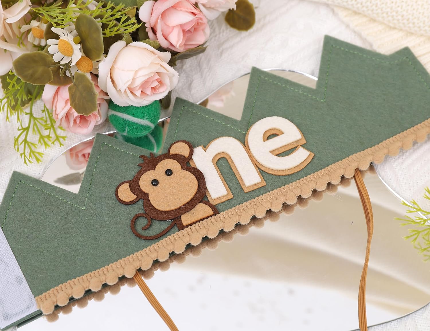Monkey 1st Birthday Crown - Olive Green Safari Hat for Boys